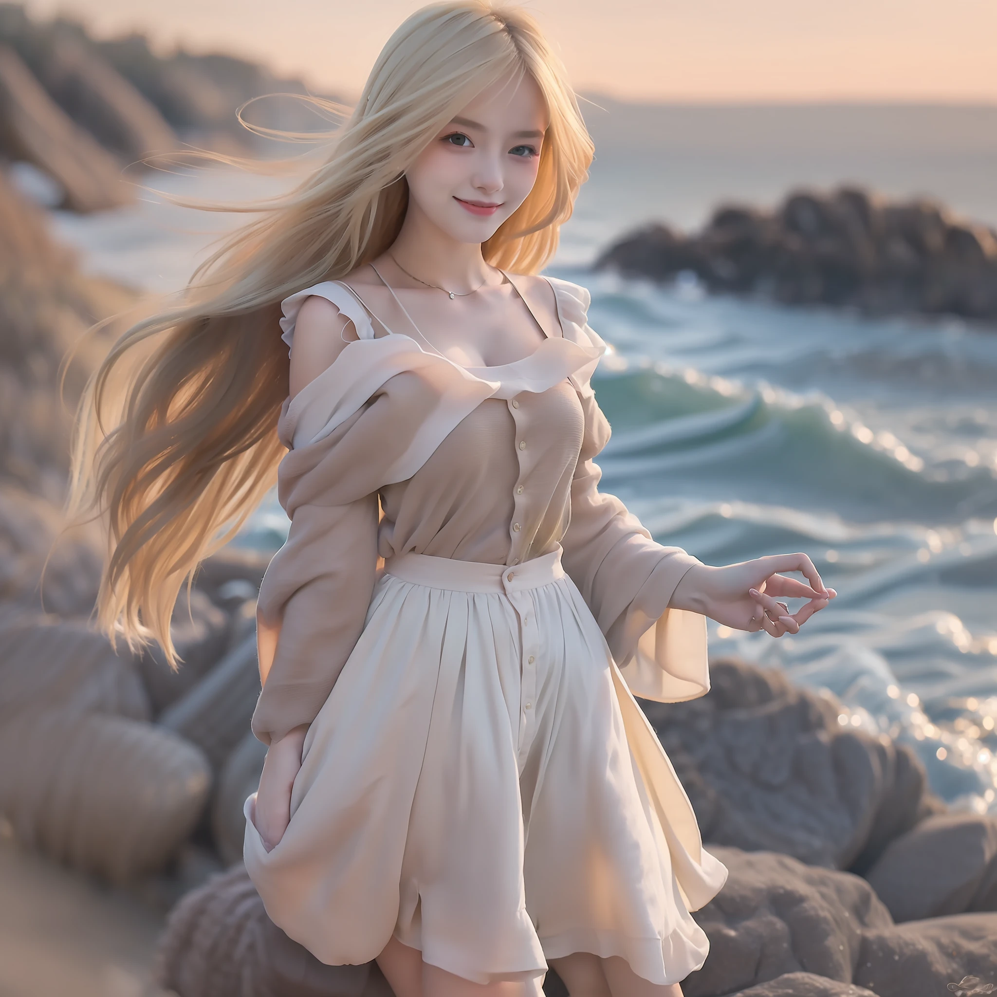 "((Beautiful picture, best quality, k hd, Excellent depiction, Beautiful standing painting, The sea breeze is gentle, It's exciting), (long hair girl+blond girl:1.2), Unique temperament, ssmile, The sleeves flutter, Exudes fragrance) "