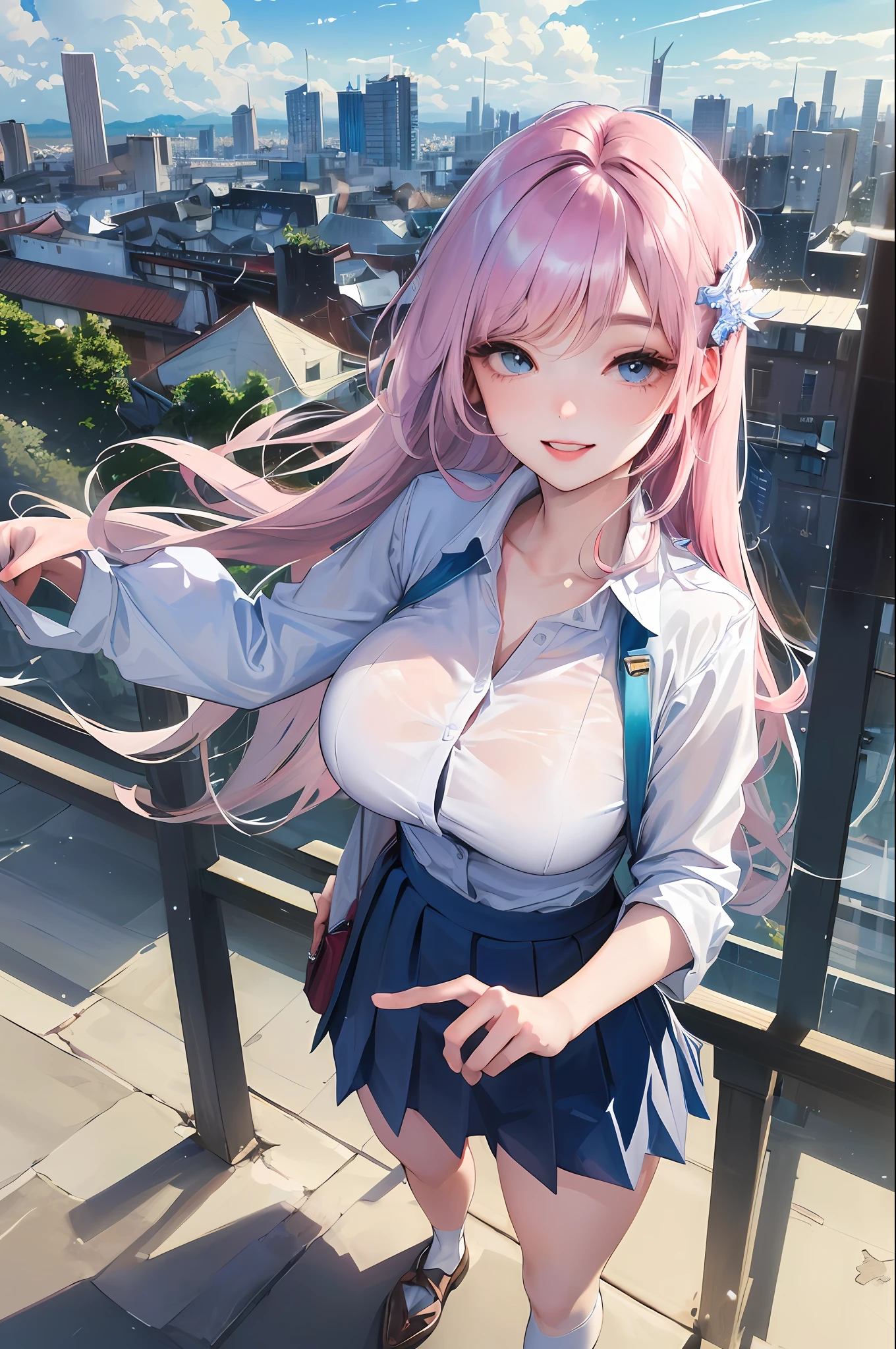 official art, masterpiece, sharp focus, (beautiful gorgeous cute Korean woman:1.3), (beautiful cute korean:1.3), korean beauty, Delicate and beautiful hair and eyes and face, realistic, ultra detailed, beautiful girl, blue sky, glow white particle, (sidelighting:1.2), sun light, white cloud, detailed clouds, slender, Lovely very large breasts and very large hips, smile with teeth, ((smile with eyes, open both eyes)), scenery, long straight hair, sexy facial expression, building, (cityscape:1.7), dynamic hair, long straight hair, detailed platinum pink hair, glow blue eyes, (blue pleated shirts + white skirt), white long socks, pale skin, hair ornament, epic scenery,