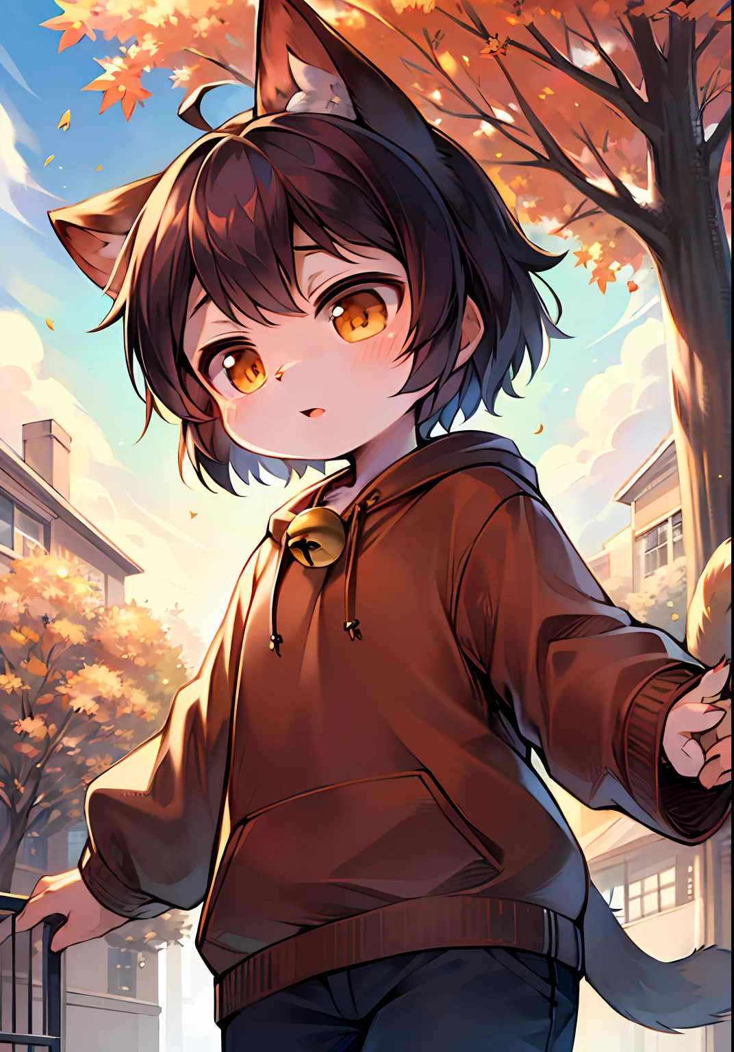 A cat in a casual sweatshirt，Skysky，suns，Cat ears，Cat type，tmasterpiece，High-quality portraits，human - shaped，ventania，falling leaf，autumnal，Furry tail，bell，young child，full-shot