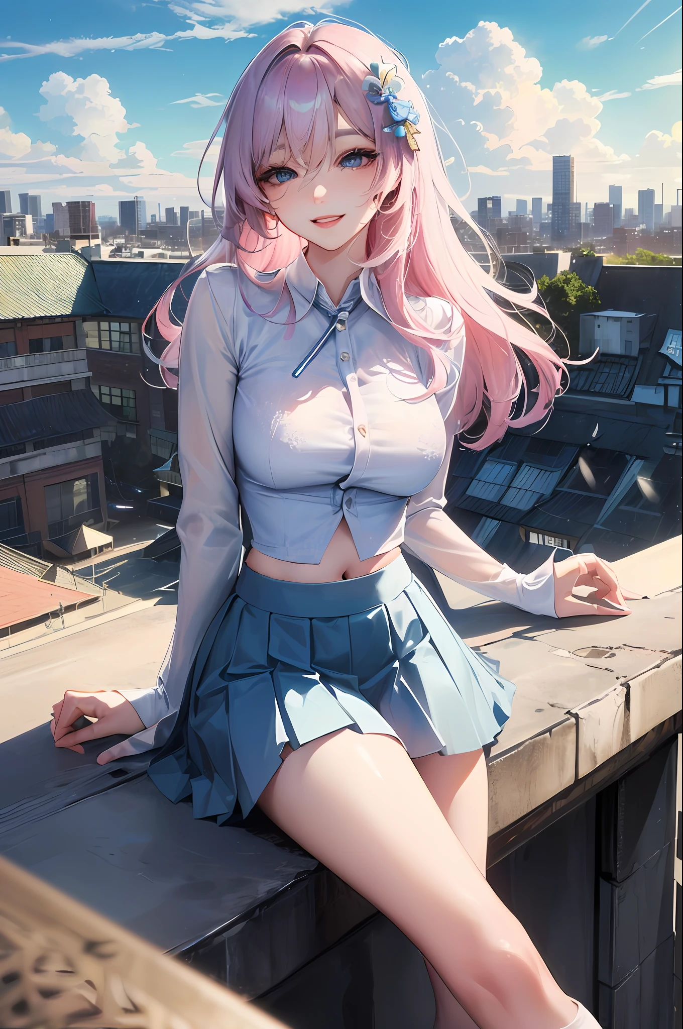 official art, masterpiece, sharp focus, (beautiful gorgeous cute Korean woman:1.3), (beautiful cute korean:1.3), korean beauty, Delicate and beautiful hair and eyes and face, realistic, ultra detailed, beautiful girl, blue sky, glow white particle, (sidelighting:1.2), sun light, white cloud, detailed clouds, slender, Lovely very large breasts and very large hips, smile with teeth, ((smile with eyes, open both eyes)), scenery, long straight hair, sexy facial expression, building, (cityscape:1.7), dynamic hair, long straight hair, detailed platinum pink hair, glow blue eyes, (blue pleated shirts + white skirt), white long socks, pale skin, hair ornament, epic scenery,