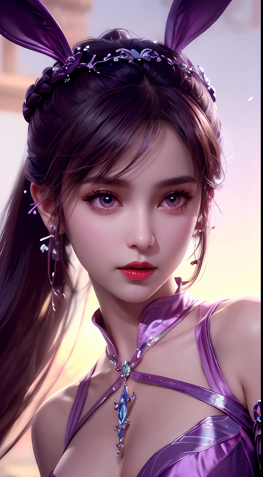 1 very beautiful girl in hanfu dress, thin purple silk shirt with many white motifs, white lace top, long bangs and long ponytail in purple platinum, gorgeous hair jewelry, pretty face and cute, flawless face, earring jewelry, light purple bunny ears, neck jewelry, big purple eyes drawn meticulously, meticulous makeup, thin eyebrows, high nose, red lips pretty, no smile, pursed lips, rosy cheeks, wide breasts, big breasts, well-proportioned bust, slim waist, purple mesh socks, Chinese hanfu style, fictional art patterns, vivid colors and legs real , RAW photo, realistic photo, ultra high quality 8k surreal photo, (fantasy light effect: 1.8), 10x pixels, magic effect (background): 1.8), super detailed eyes , beautiful girl upper body portrait, girl alone, ancient hanfu background, looking directly at the audience, wide original photo, 8k quality, UHD, HDR10, super sharp, the most detailed and clear picture , bright colors, even lighting, detailed light and dark background,