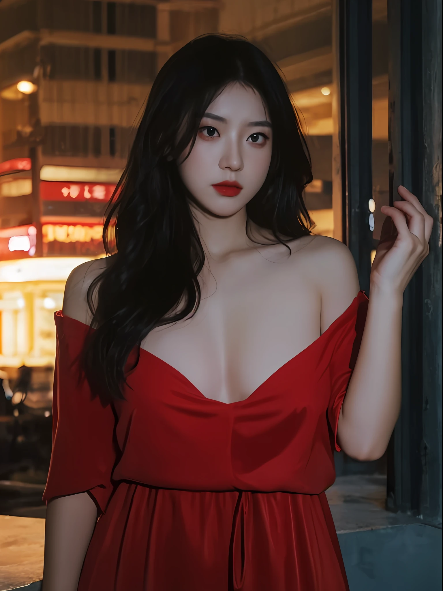 best qualtiy， tmasterpiece， 超高分辨率， （true to life：1.5）， RAW photogr， 1girll， in the darkness nigth， deep shading， low tune， cold light， Sexy look， Red long hair，Red dress，dim murky lights，Side Body
