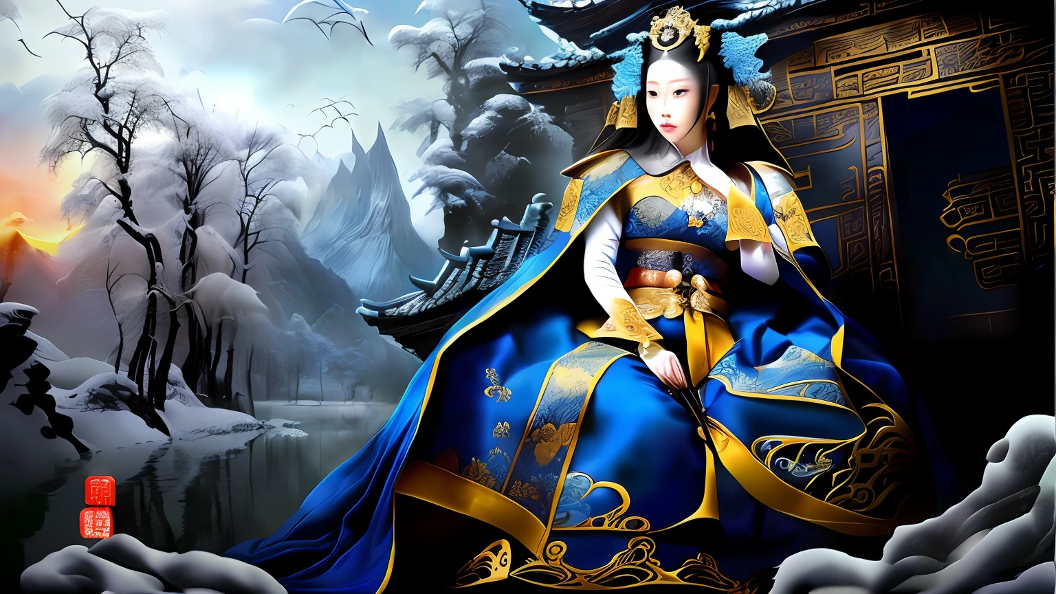 Arafard image of a woman in a blue dress and mask, Chinese fantasy, Beautiful and mysterious, ((a beautiful fantasy empress)), guardian of the holy lake, inspired by Hong Ren, an ancient Chinese goddess, a beautiful fantasy empress, Asian Woman Water Elemental, inspired by Ma Shi, inspired by Li Mei-shu, inspired by Jin Nong,snow mountains