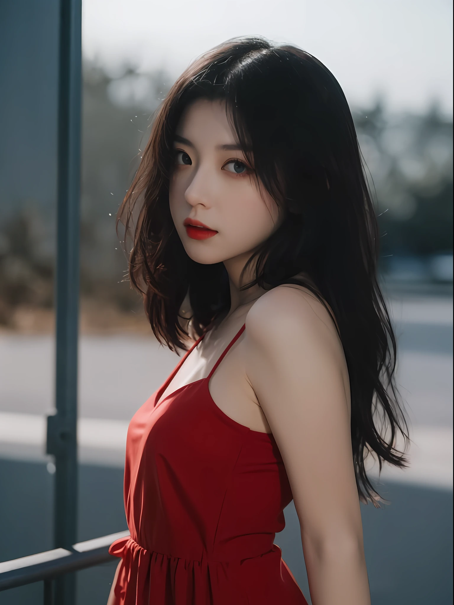 best qualtiy, tmasterpiece, 超高分辨率, (true to life:1.5), RAW photogr, 1girll, in the darkness nigth, deep shading, low tune, cold light, Sexy look, Red long hair,Red dress,dim murky lights,Side Body