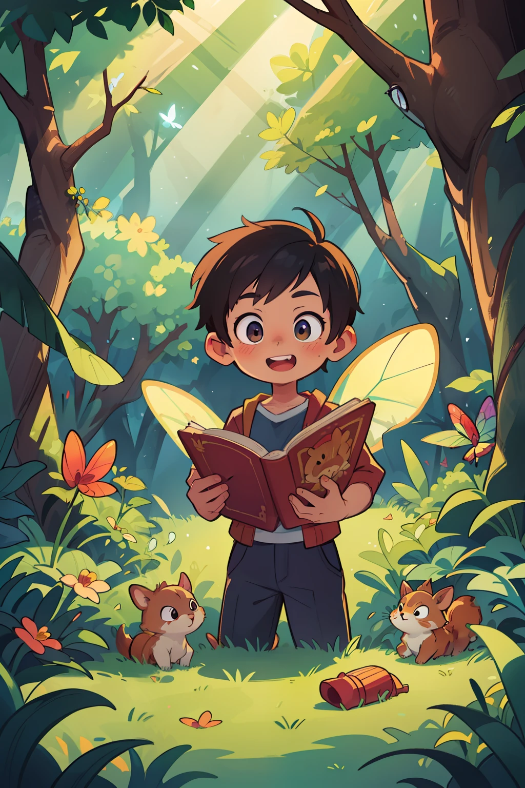 An enchanting illustration for a children's storybook capturing Leo ((A 10 year old boy)) captivating encounter with the enchanted forest. Leo, a young and curious character, stands at the forest's edge, peering into its depths with wide-eyed wonder. The forest is a whimsical realm, filled with towering trees adorned with colorful leaves and delicate flowers. Sunlight filters through the dense foliage, creating a magical glow that illuminates the scene. Friendly creatures, such as mischievous woodland fairies, playful squirrels, and gentle deer, subtly blend into the forest, inviting Leo and the young readers into their hidden world. The illustration bursts with vibrant colors, evoking a sense of joy and imagination. Every detail, from the intricate patterns on the trees to the fluttering butterfly wings, brings the magical atmosphere to life. This delightful artwork, inspired by the enchanting illustrations of Hayao Miyazaki and Pixar's whimsical style, will transport young readers to a world of imagination and adventure.