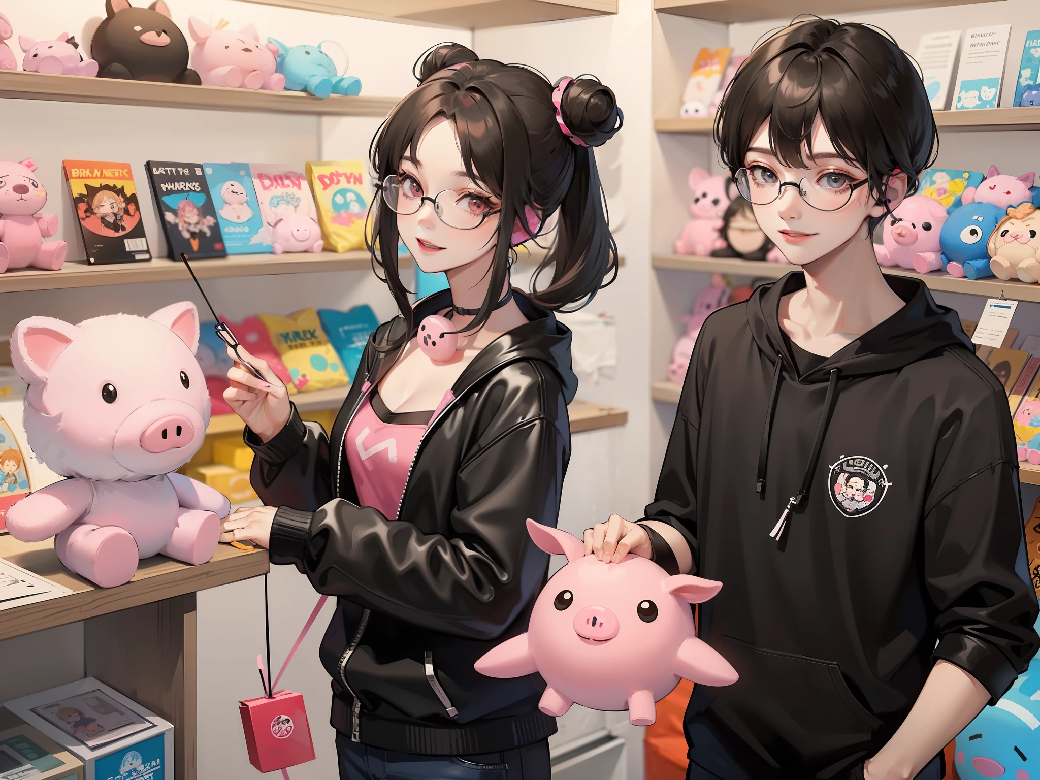 In a plush toy store, there is a boy and a girl. The boy wears glasses while the girl also wears glasses and has headphones hanging around her neck. The boy has messy black hair with a fringe, and the girl has a black bun hairstyle with wispy bangs. They stand close together, holding a pink pig plush toy, smiling happily.