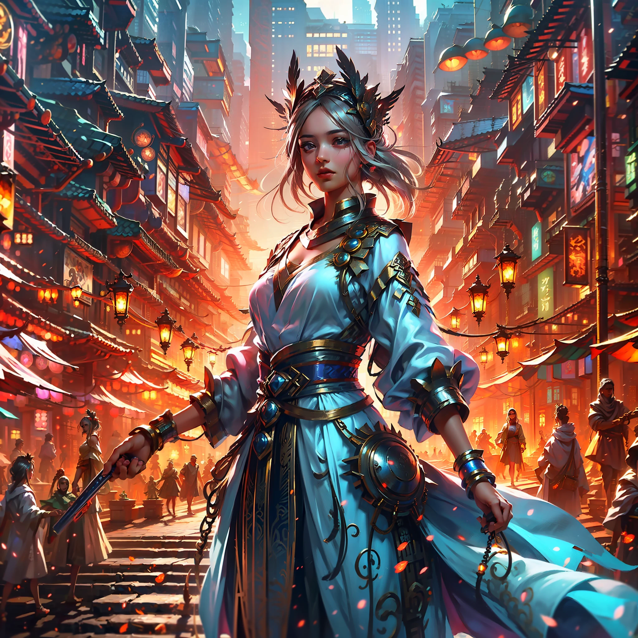 (tmasterpiece，Best picture quality，High precision and meticulousness，City streets，Sunny atmosphere in summer，nature elements)，in blouse wearing，The headdress is chosen randomly，The picture is dotted with small animals and trees，Feel the peace and warmth in the hustle and bustle，Close-up of gray hair: x1.5，one-girl。