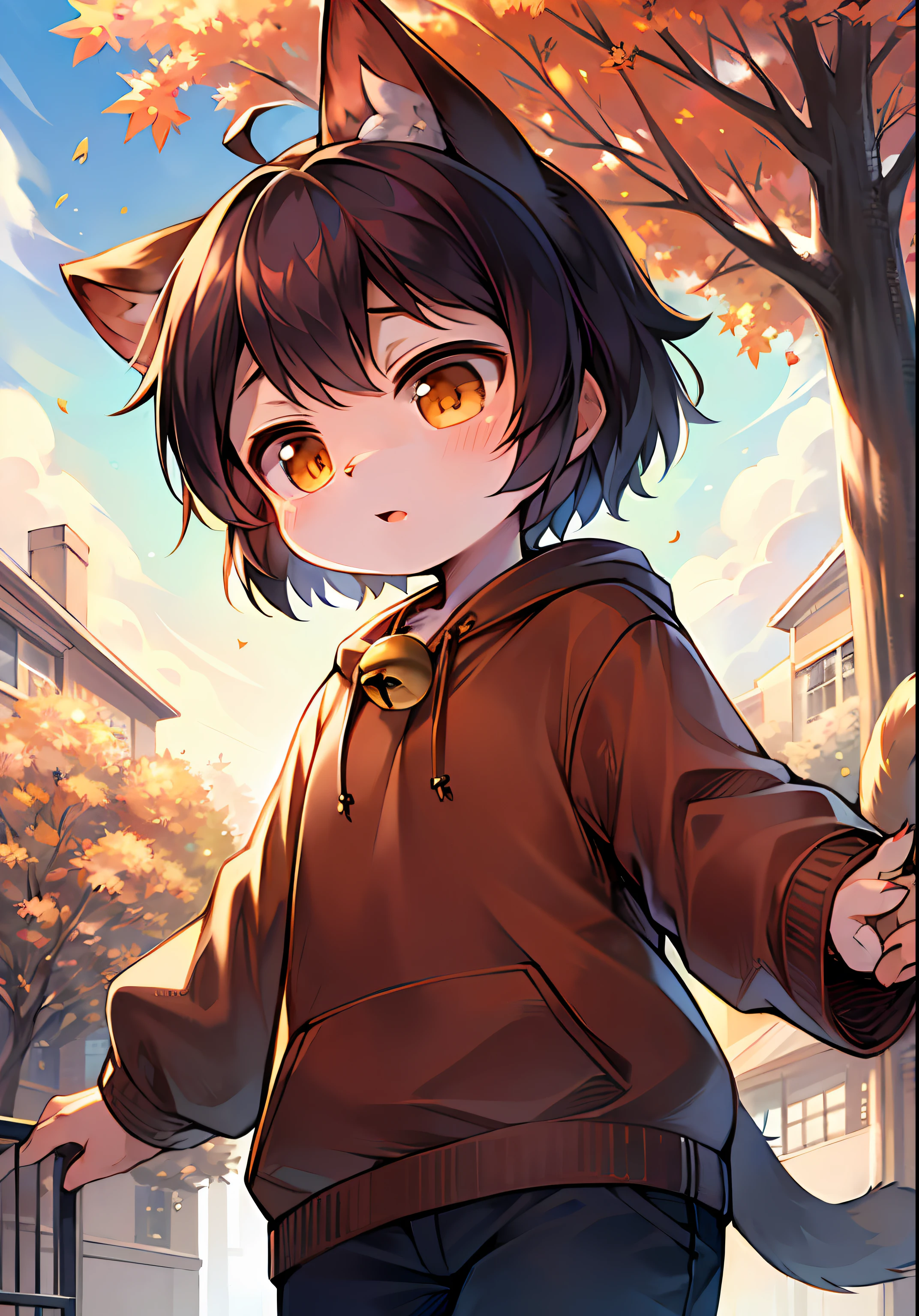 A cat in a casual sweatshirt，Skysky，suns，Cat ears，Cat type，tmasterpiece，High-quality portraits，human - shaped，ventania，falling leaf，autumnal，Furry tail，bell，，full-shot