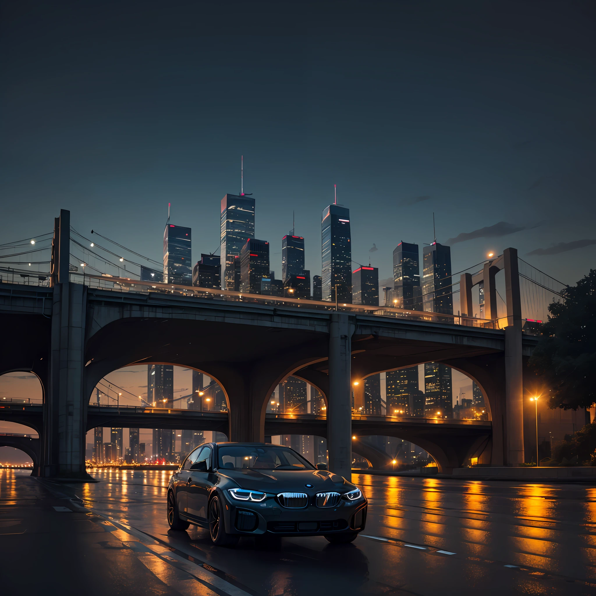 (high-quality, aesthetic) Shot of a sleek Black BMW i4 cruising along a bridge, with a stunning cityscape as the backdrop. A perfect composition without any human presence captures the beauty of the city in the night lights.
