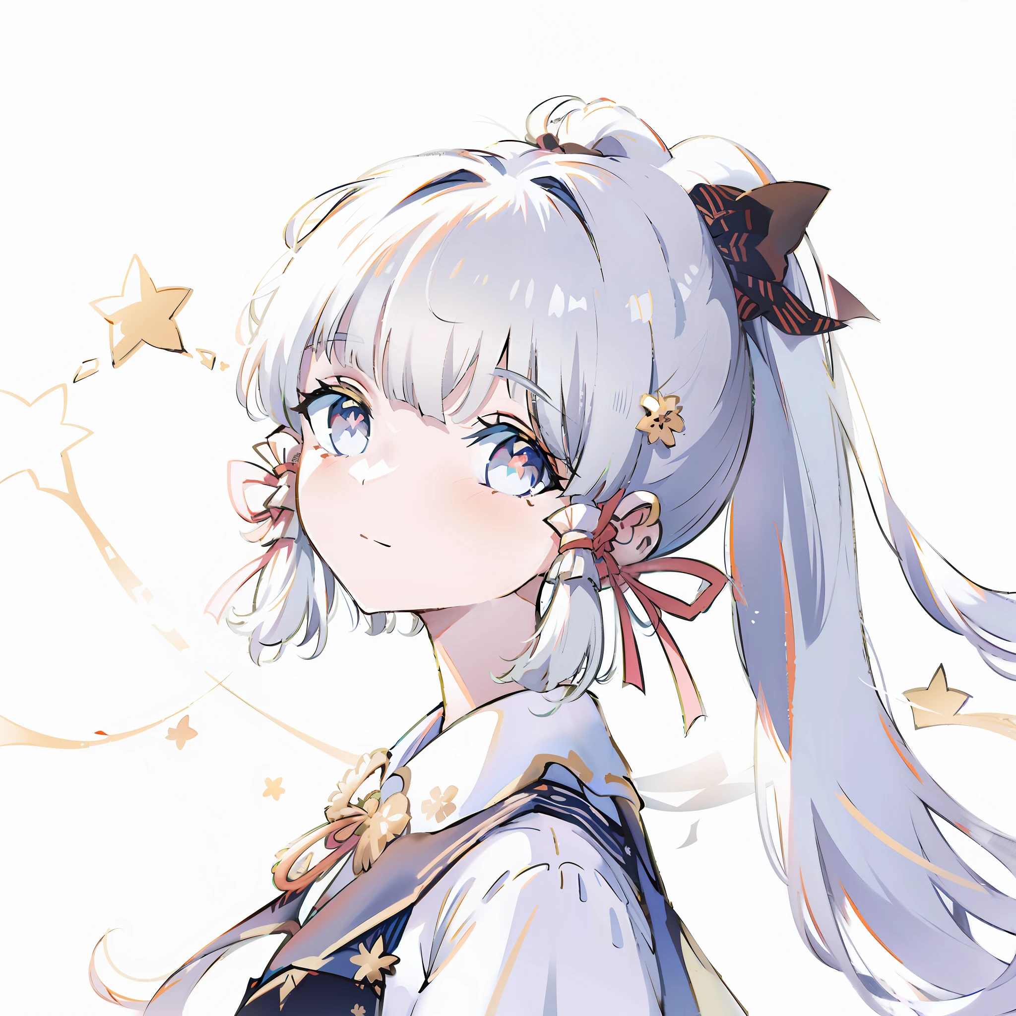 Anime girl with long white hair and ponytail with stars, Silver hair girl, portrait anime space cadet girl, Anime moe art style, Silver hair (pony tails), (Anime girl), cute anime girl portraits, a beautiful anime portrait, Cute anime girl portrait, portrait of cute anime girl, portrait anime girl, Anime style portrait, lovely art style, Portrait of an anime girl