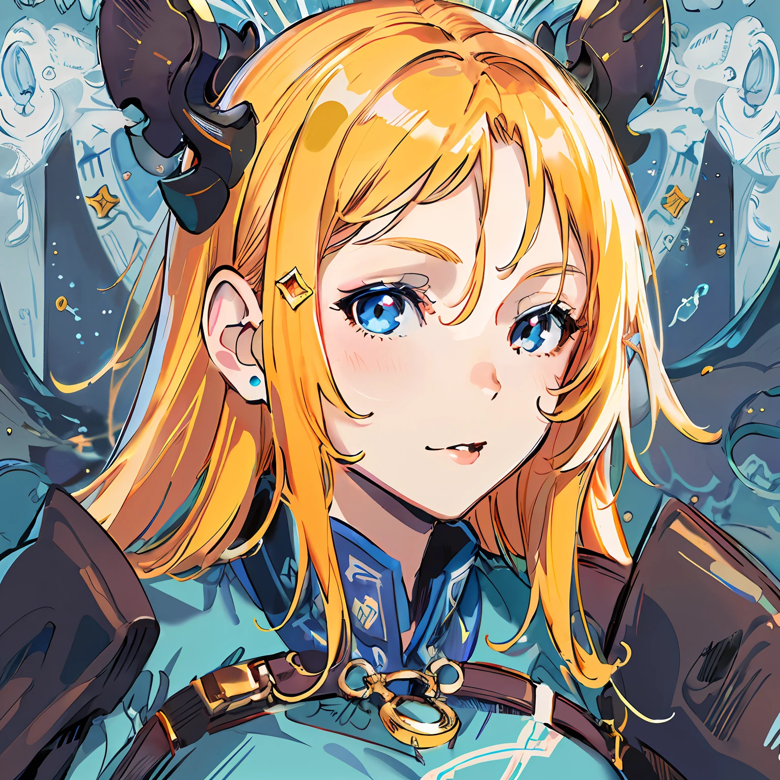 Anime - a style image of a blonde woman with horns and a blue dress, Anime fantasy illustration, Digital anime illustration, Portrait Chevaliers du Zodiaque Fille, Detailed digital anime art, demon slayer rui fanart, granblue fantasy, detailed portrait of an anime girl, anime in fantasy style, anime graphic illustration, Anime style illustration, detailed anime character art, anime illustration