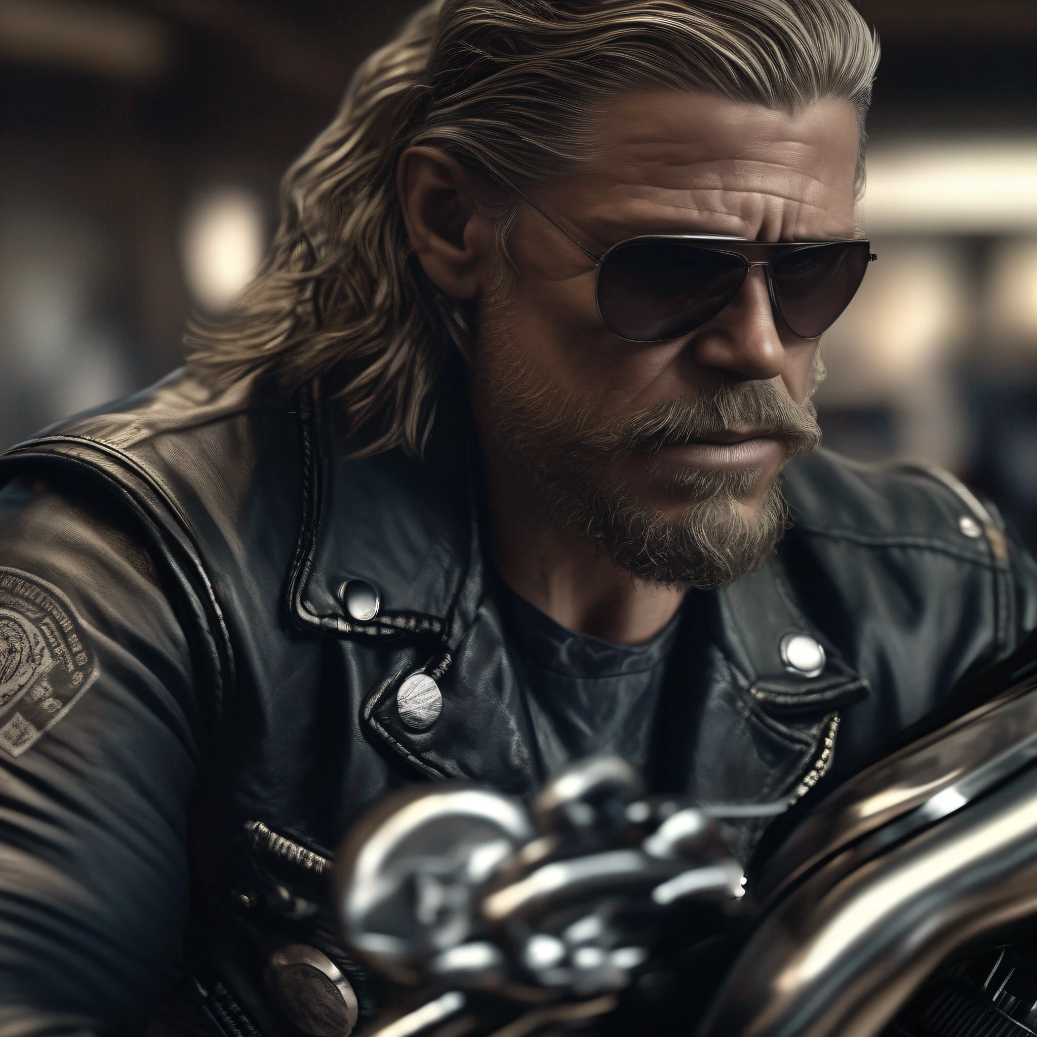 a portrait of a badass biker of sons of anarchy ,intrinsic details, masterpiece, hyper realistic , hd , 8k