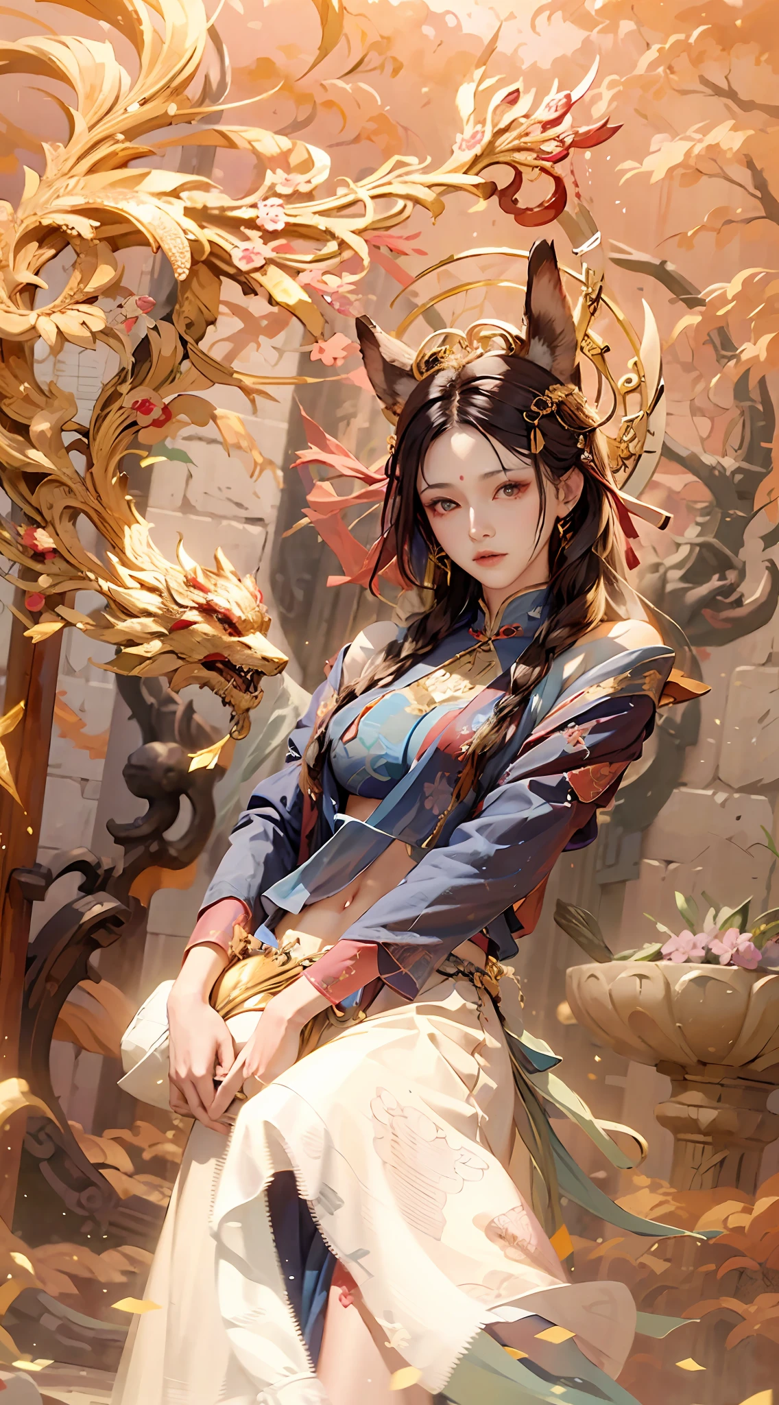 (RAW photos,best qualtiy),(realisticlying,photograph realistic:1.3),Extremely refined and beautiful,astounding,finedetail,tmasterpiece,hyper-detailing,A high resolution,(Most Best Illustration),(best shadow),iintricate,(In a crimson gold Chinese dragon,There is gold dust around,Black flowers,the trees,petals,ventania,Oh, God,Long wavy body,fang,fanciful,mito,high high quality,highly detailed,tmasterpiece,epic,particle effect,Dynamic effects,(drak:1.4)Front),Clouds,firestorm,mountain ranges,the sunset,sharp fokus, volume fog, 8K UHD, digital SLR camera, high qulity, (filmgrain:1.4), 富士XT3,offcial art, Unity8k wallpapers, ultra - detailed, Beautiful and beautiful, best qualityer, (Zen entanglement, tangled, entangled), (s fractal art: 1.4), 1girll, brunette color hair, chino, exposed bare shoulders, short skirt, small thighs, nabel, The is very detailed, dynamic angle, cowboy lens, (The most beautiful chaotic shape), flowing, (Bright colors), OC, (halfway: 1.2), Chinese big breasts, (tape: 1.3), (dream: 1.5), (on cheongsam: 1.5), fenghuang,(ssmile: 0.5), (fenghuang), realisticlying, 超A high resolution, 复杂, hyper-detailing, (dent in the skin), femele, Detailed body, (Detailed face: 1.1), (contoured iris), (Watercolor lenses), (perfect eyes), 4k, opulent, (tmasterpiece: 1.2), (best qualtiy:1.2), Wide buttock, thick thight, (Large breasts:1.2) big breasts and big breasts (huge tit:1.2), slutty, tempting pose。