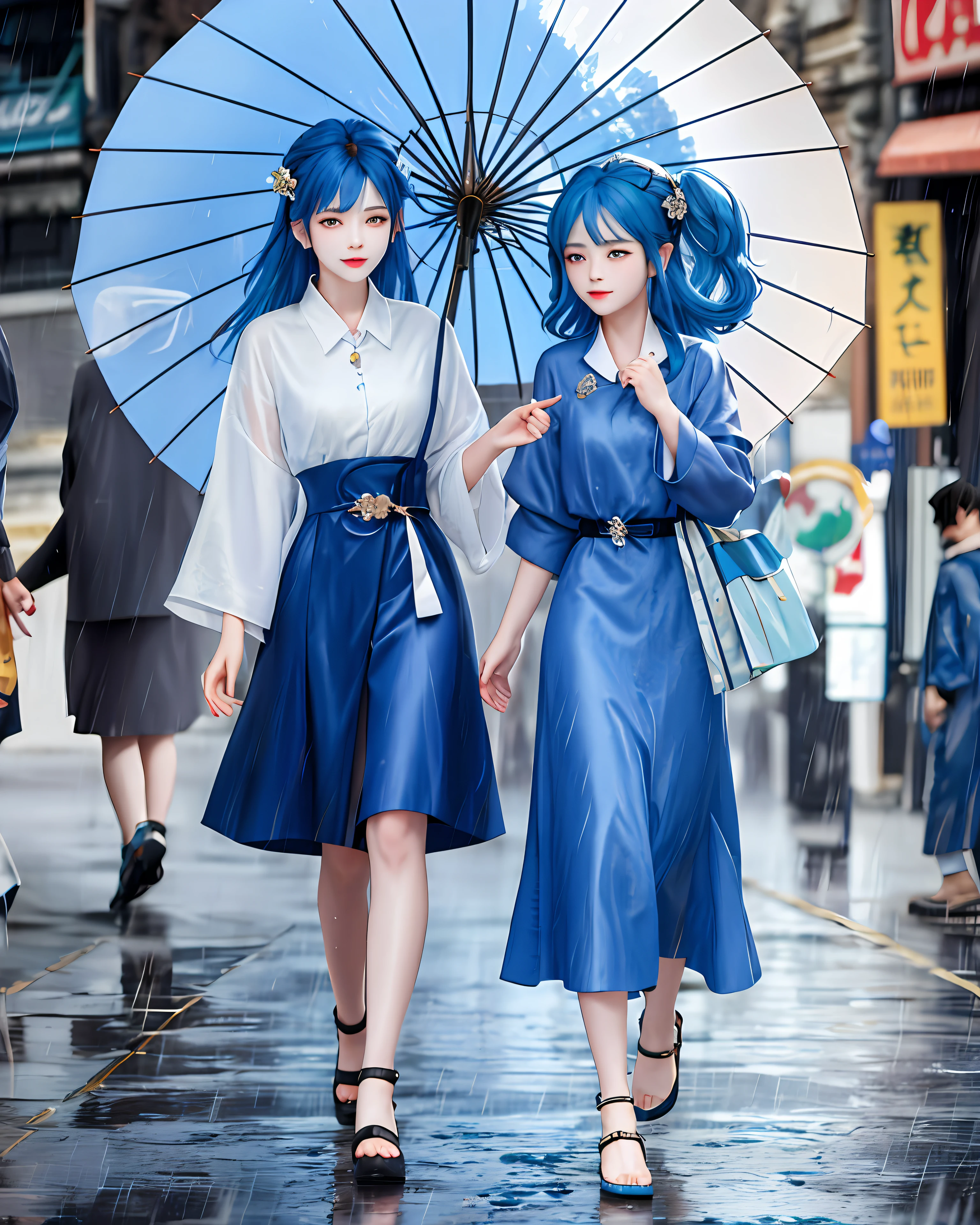 ancient wind,Blue-haired beauty,Long hair and waist,oil-paper umbrella,Bluestone Street,Walk in the rain