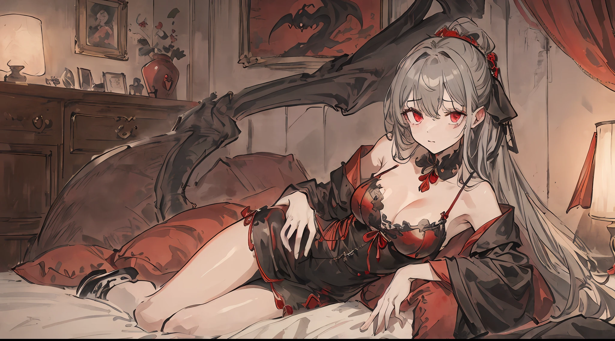 ((masterpiece))、((top-quality))、((Official art))、8K、very detailed illustration、One girl、Gray hair、Long straight hair、Detailed eye、(Interior of the old castle 1.2)、The dim、(Gorgeous red and black gothic dress 1.2)、((Dracula's daughter))、((deadpan))、Fair skin、pure、Meek、I see underwear、Detailed gravure pose、white glove、lyin in bed