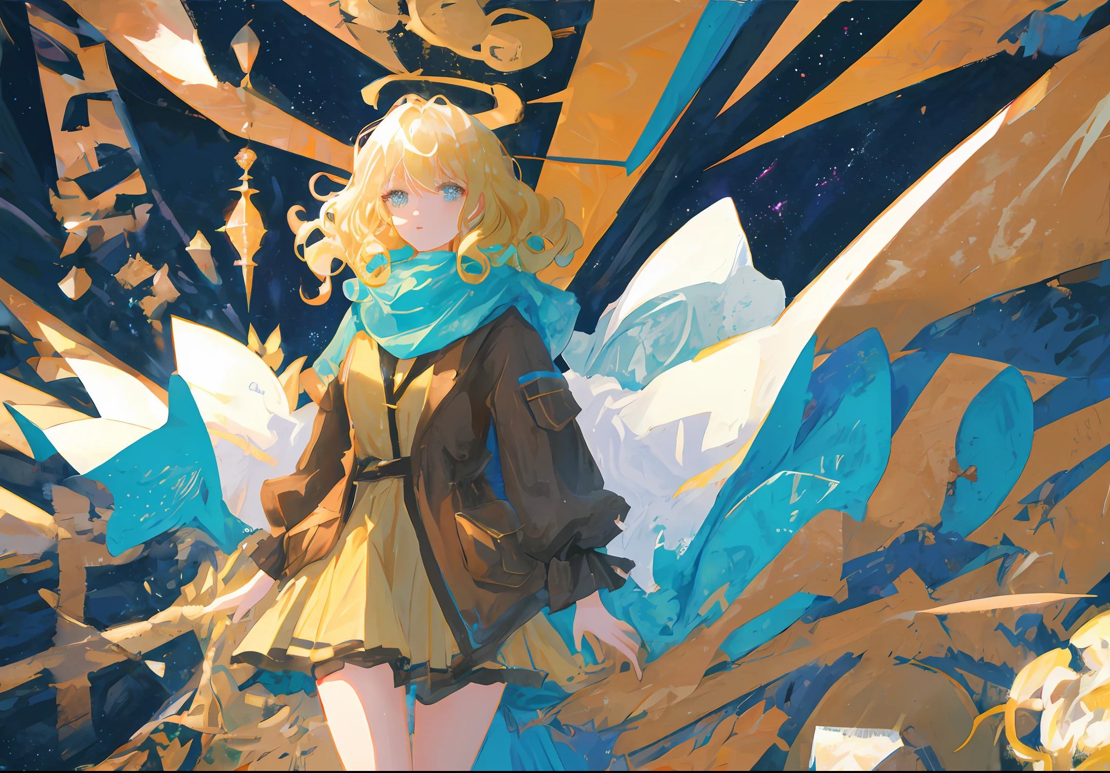 Middle-aged female blonde hair wavy curls white wisdom overalls
Space in background looking at the earth style illustration