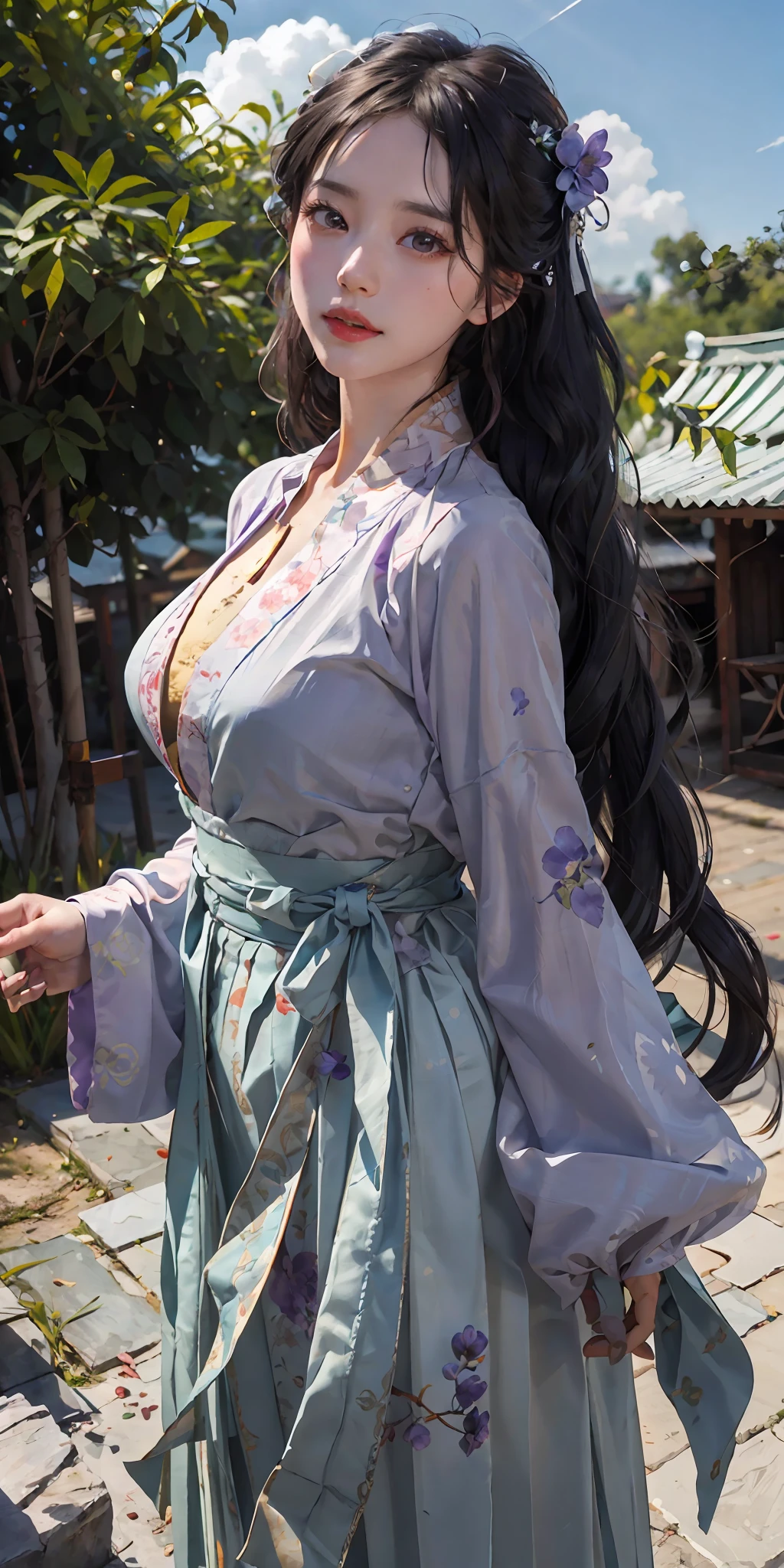 huge natural breasts, Face Close-Up, Close Up, Ultra Close Up, Masterpiece, black_hair, 1 Girl, Looking at the Audience, long_hair, nail_polish, Solo, Jewelry, Ancient Art, Chinese,(8K, Best Quality, Masterpiece:1.2), (Realistic, Realistic:1.2), (Background Sky: 1.2), (Face Close-up: 1.7), Looking at the viewer, Hanfu, 1girl, (Purple Flower Pine Ink: 1.1), Face Close-up, Detailed Face, Hanfu, song，long shan，pleated skirt，cinematic lighting, motion blur, ray tracing, god rays, bloom, drop shadow, close-up, lens flare, UHD, masterpiece, ccurate, anatomically correct, textured skin, super detail, high details, high quality, award winning, best quality, highres, 16k, HD