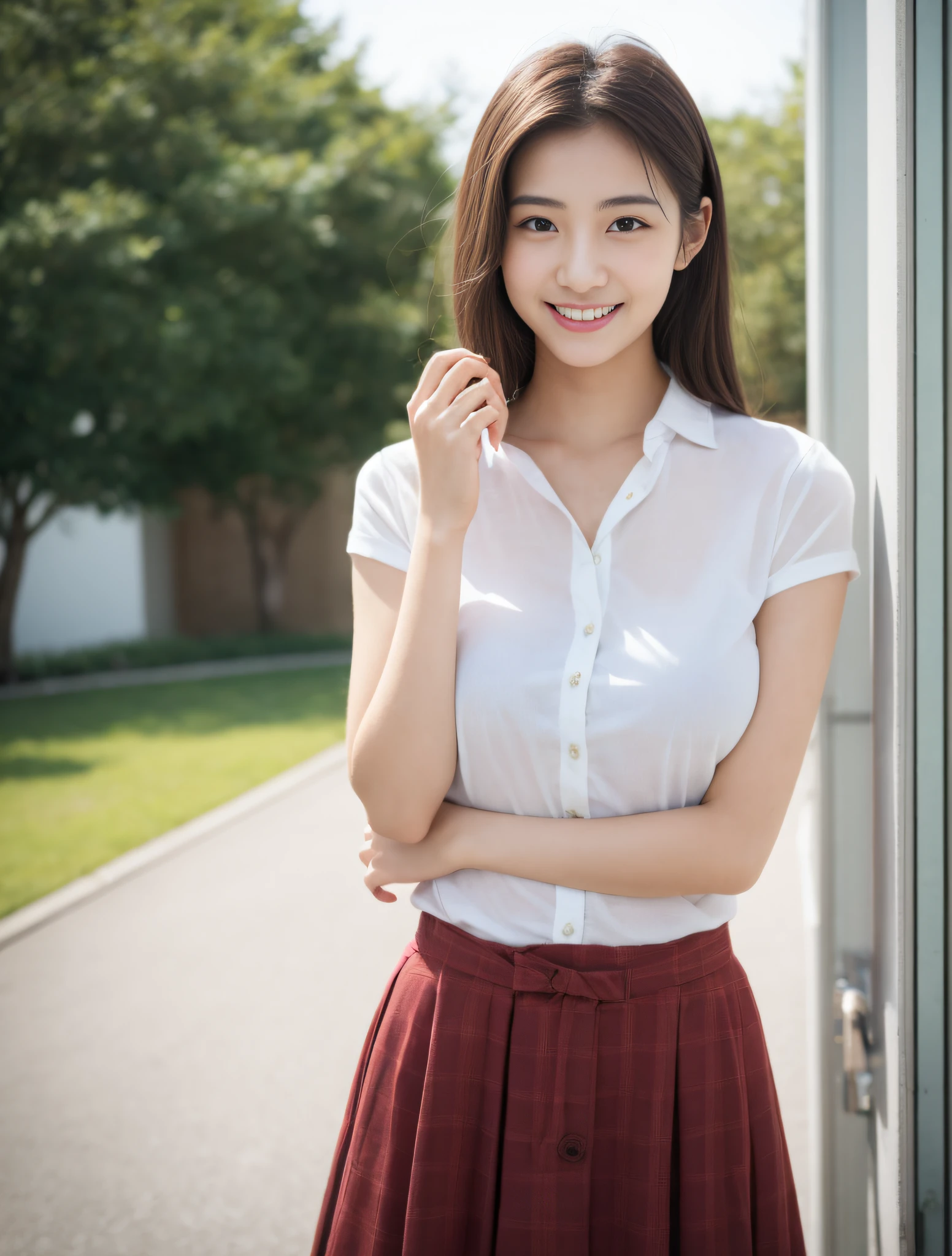 (Photorealistic, RAW photo, Real human face, Real human face skin, real person), 8k, Perfect human body, 18yearsold, tall girl, slim body, small breasts, looking at this with pure love eyes with cute smile, no makeup, beautiful white skin, real human clear eyes, beautiful face, movie lighting, Japanese beautiful girl, wearing a shirt and put on tight skirt, can see her small butt out this side, 1girl