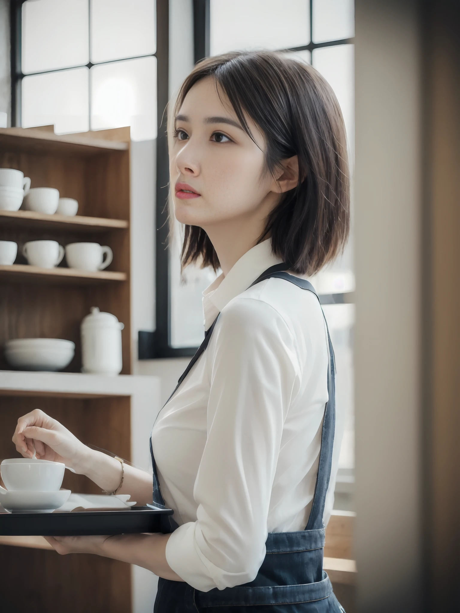 (Masterpiece: 1.3), (8k, Photorealistic, RAW Photo, Best Quality: 1.4), (1girl), Shallow depth of field, Face in focus, Soft Focus, Beautiful Face, (Backlit: 1.5), (Ambient: 1.3), (Realistic Face), (Black Hair, Medium Short: 1.3), Loose Wavy Hair, Short Bangs, Realistic Eyes, Dark brown eyes, highlights in pupils, beautiful detail eyes, (plenty of natural light), (realistic skin), beautiful skin, (blouse with white collar), (apron), (carrying a large tray), absurdity, attractive, ultra high resolution, ultra realistic, high definition, golden ratio, detailed café background, coffee cup, blackboard menu, light from the back window backlit, pale skylight of natural light, Natural light lighting from diagonal front of face, (small head), (small breasts), perfect anatomy