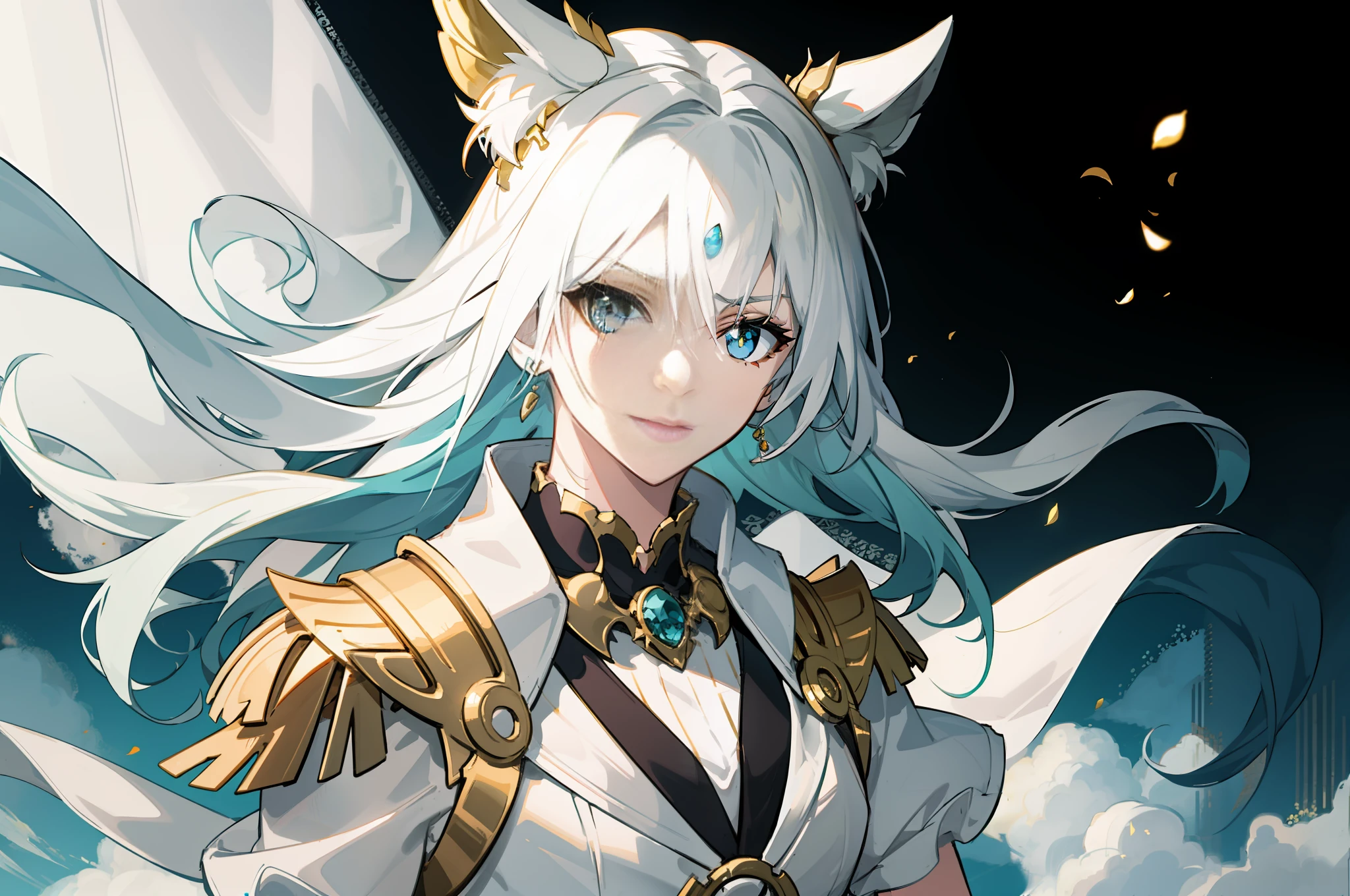 "((masutepiece)), Best Quality, Ultra-detailed, Extremely detailed, (1 girl), floating golden hair, Blue eyes, white imperial outfit,Green hairs,Dynamic Focus, Anime style,Colorful colors, color filtration."