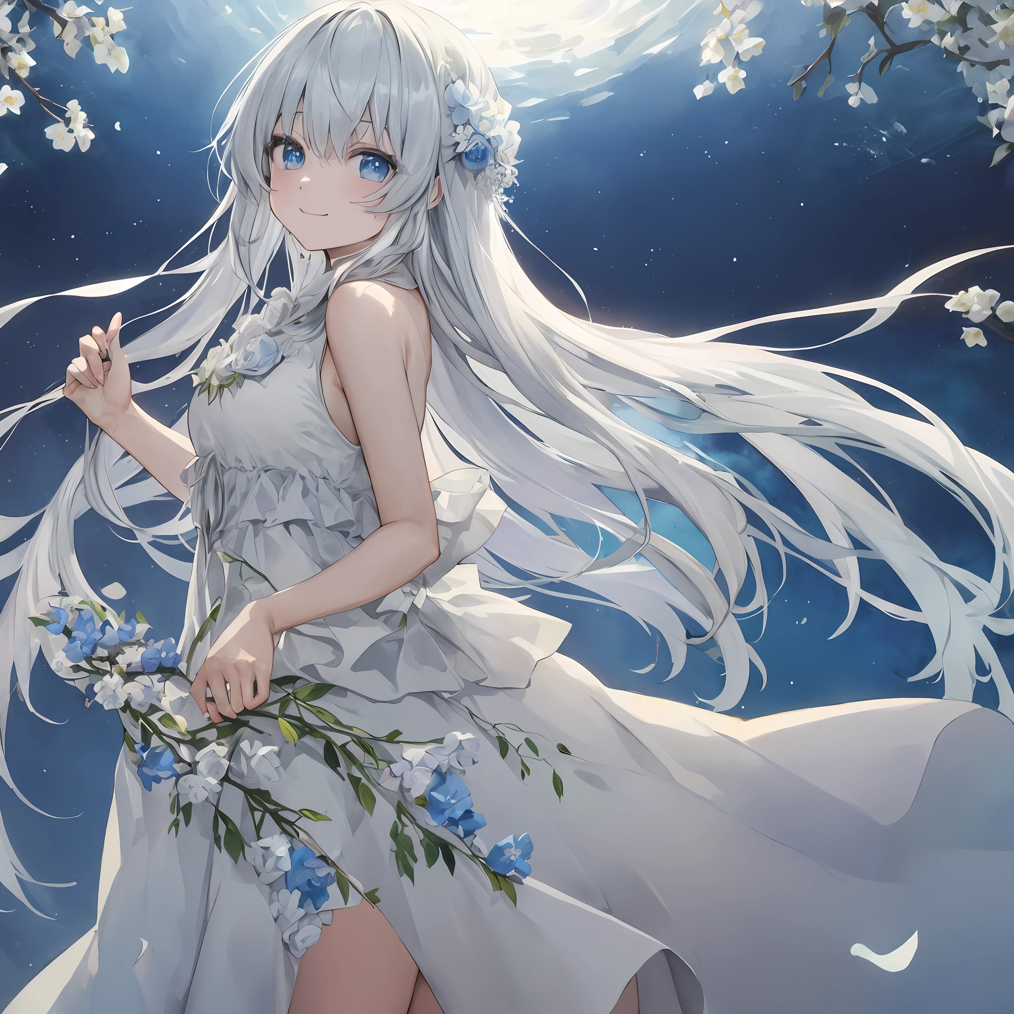 (ink and watercolor painting+white dresses+Light blue flower embellishment+(long whitr hair:1.2)+eBlue eyes+Girl body type:1.2),Sideslit,Look back and smile,Flowers in hand。 --auto