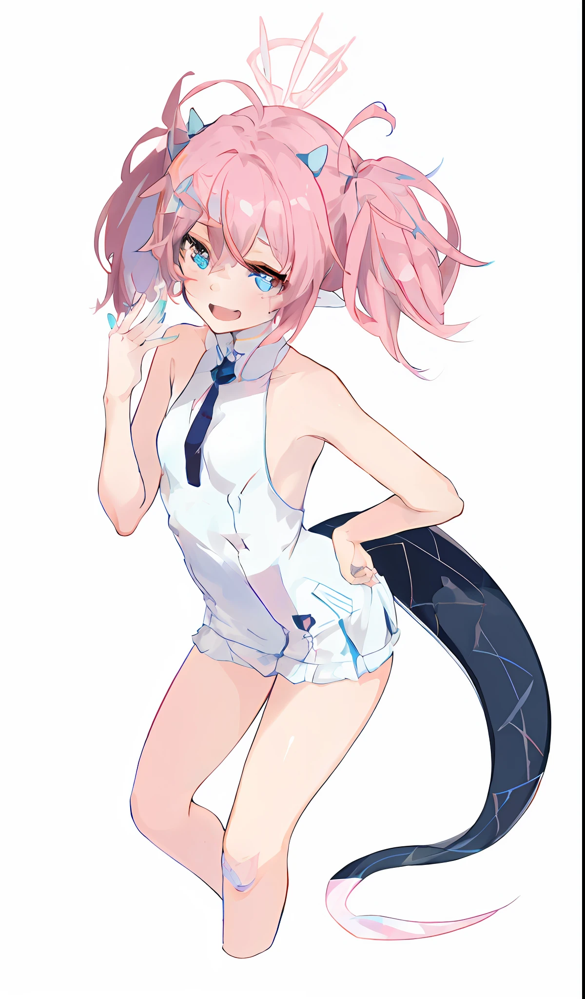 Anime girl with full pink hair and blue eyes, pink twintail hair and cyan eyes, humanoid pink female squid girl, shirabii, nyaruko-san, Pisif 3DCG, Pisif, sakura haruno, official character art, full body portrait of a short!, at pixiv, Marin Kitagawa fanart