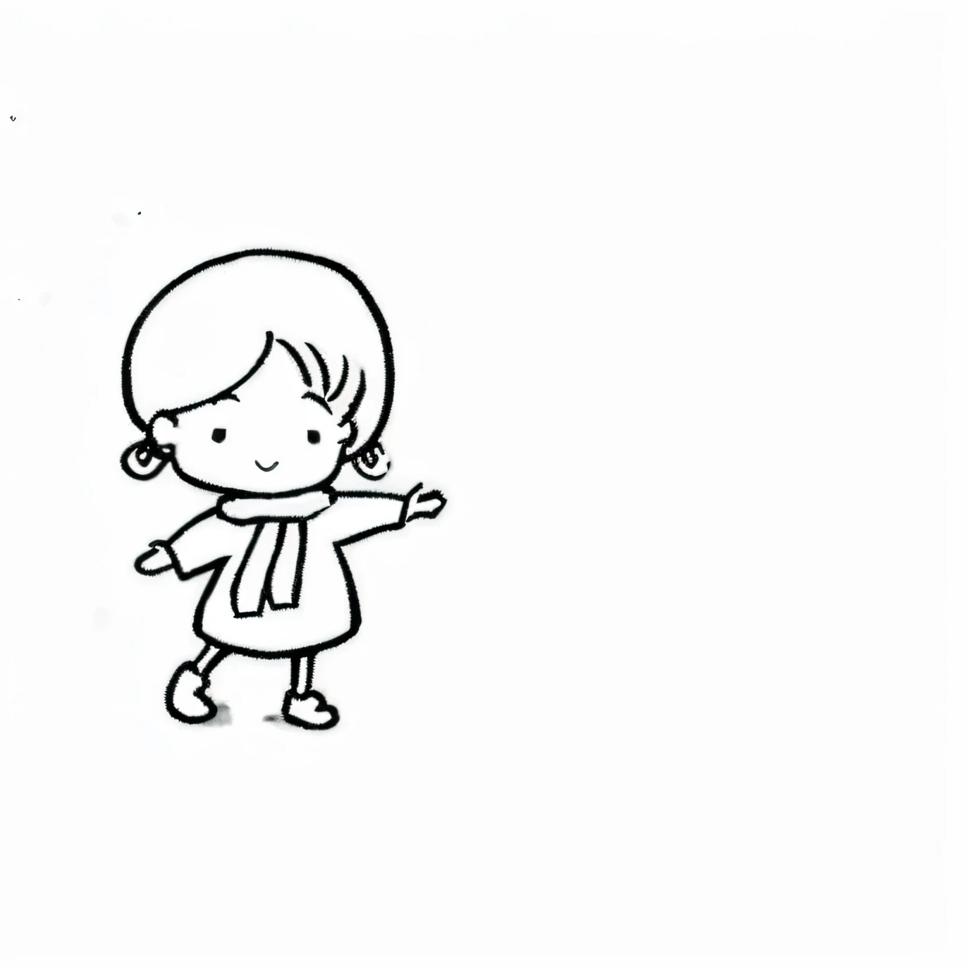 Cartoon girl wearing scarf and cell phone, Girl standing, dancing character, hand-drawn animation, she is dancing, hand-drawn animation, chibi girl, Little girl, Simple drawing, Pose(Arms up + Happy), as though she is dancing, small loli girl, 2 d, 2D, she is dancing. Realistic, drawn image, character is standing