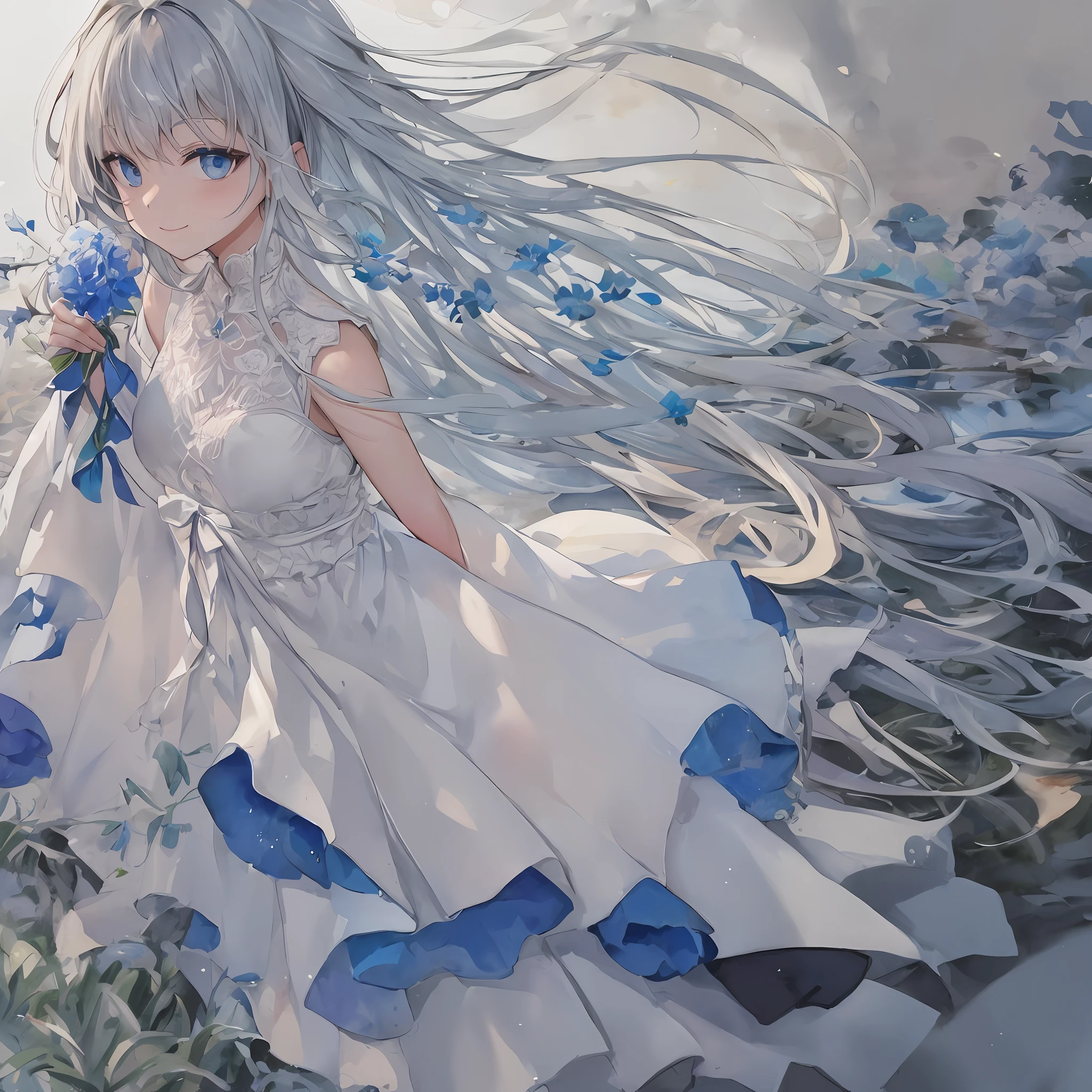 (ink and watercolor painting+white dresses+Light blue flower embellishment+(long whitr hair:1.2)+eBlue eyes+Girl body type:1.2)，Sideslit，Look back and smile，Flowers in hand。 --auto