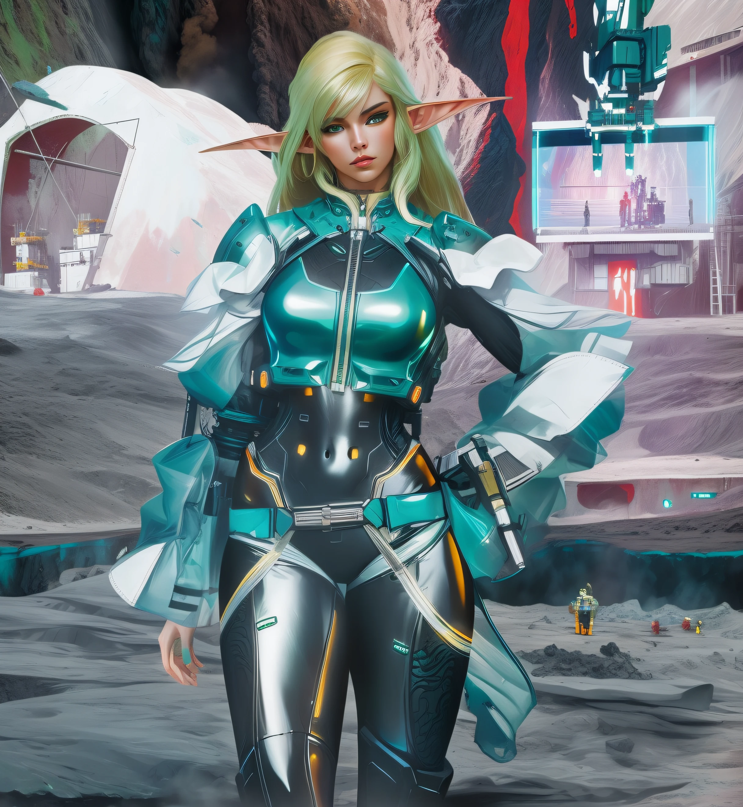 ((masterpiece,best quality)), Curvy blonde Black elf woman, in green black and teal cyber suit, standing in volcanic base camp, mechanic robot floating nearby, realistic art style, intricate details
