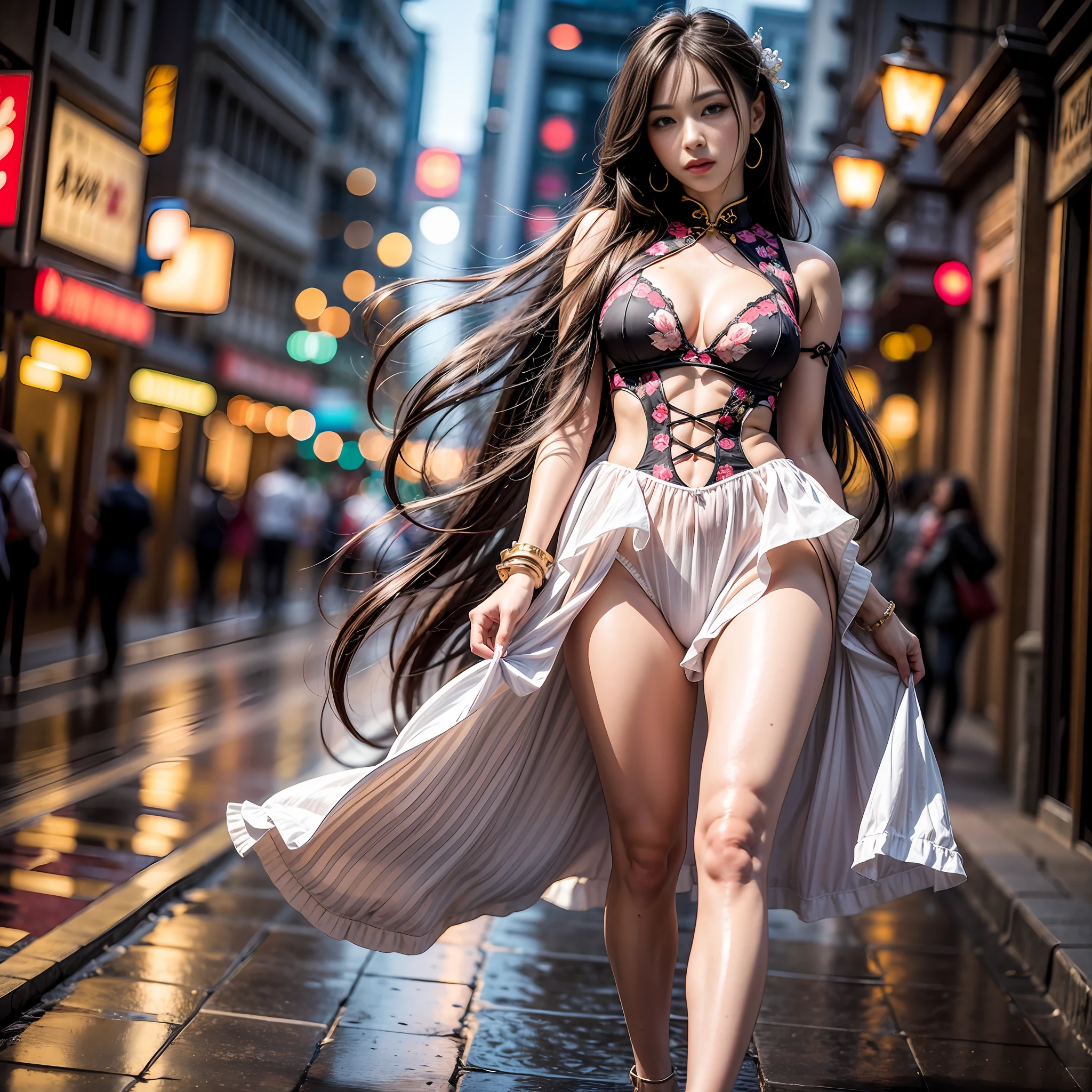 (Valencia:1 Girl), A Masterpiece, Best quality, Raw Photo, lifelike, FACE, Incredibly ridiculous, beautiful girl, MAGIC, long hair, depth of view, Highres, Hyperdetailed, finely detail, RAW Extremely detailed, extremely detailed eyes and face, Sharp pupils, Realistic Pupils, Sharp focus, cinematic Lighting, full body, cheongsam, large boob, Long leg, From Behind, Night street, dynamic poses