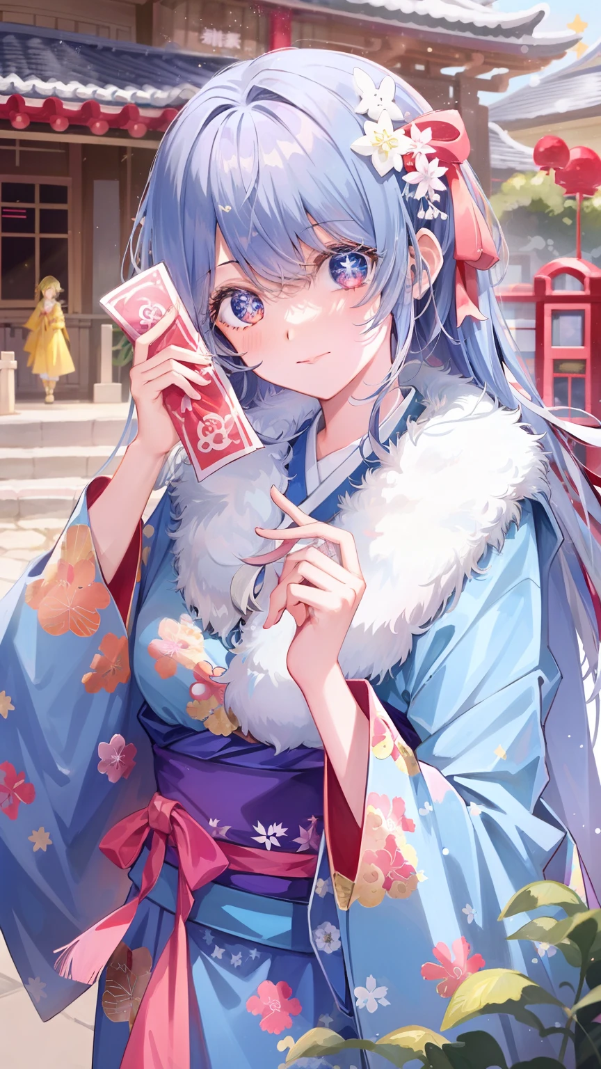 Anime girl in kimono costume holding red envelope in front of red building, anime visual of a cute girl, shikamimi, An anime cover, shikishi, Palace , A girl in Hanfu, shirabii, onmyoji, cute anime waifu in a nice dress, jellyfish shrine maiden 8k, Beautiful anime style, pixiv contest winner