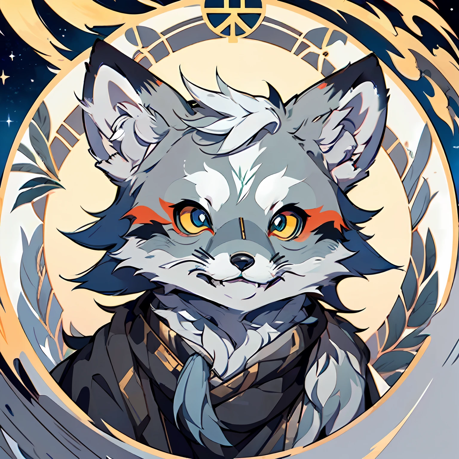 a sticker，Handbook，（a sticker)，(hairy pubic), Hairy all over,Furry,Furry，Anthropomorphic fox，Orc symbaroum，(Male arctic fox:1.5), (gray colored skin:1.3), (Gray fur:1.3),(Gold eyes), ((Canine paws)),(grey ears),Sharp focus,(The furry feeling of animal ears)，(Wearing traditional Chinese robes），Q version，aquarelle，white backgrounid， simple backgound，Petite,adolable，vectorstyle，starryskybackground