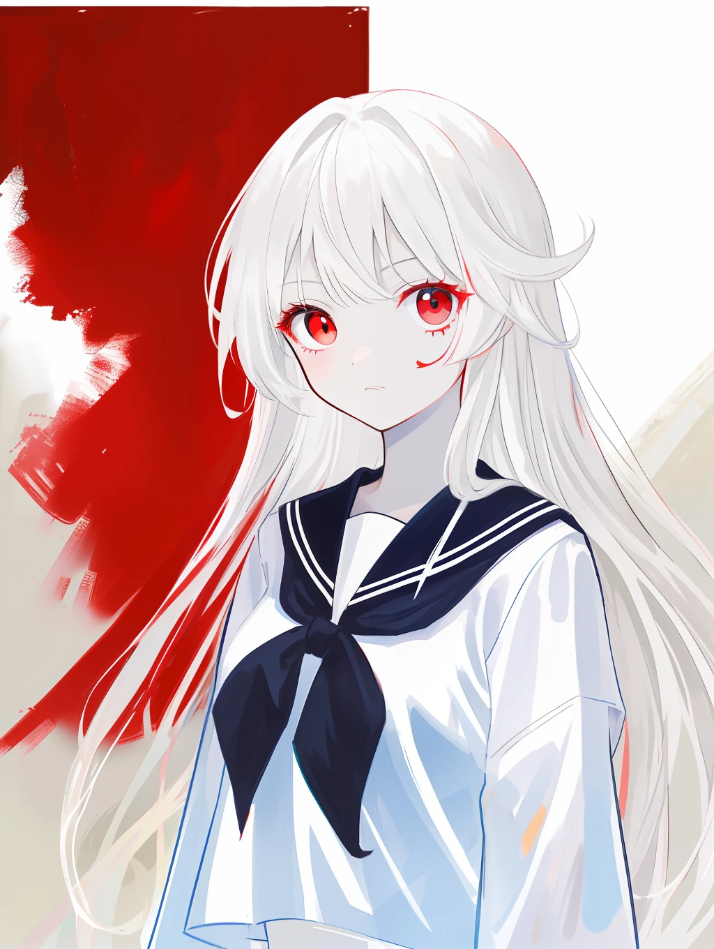 white long straight hair,red color eyes,Two-dimensional painting style,Cute girl,The upper part of the body,White sailor suit,white skinned,Need,tmasterpiece,B cup,slightly red face