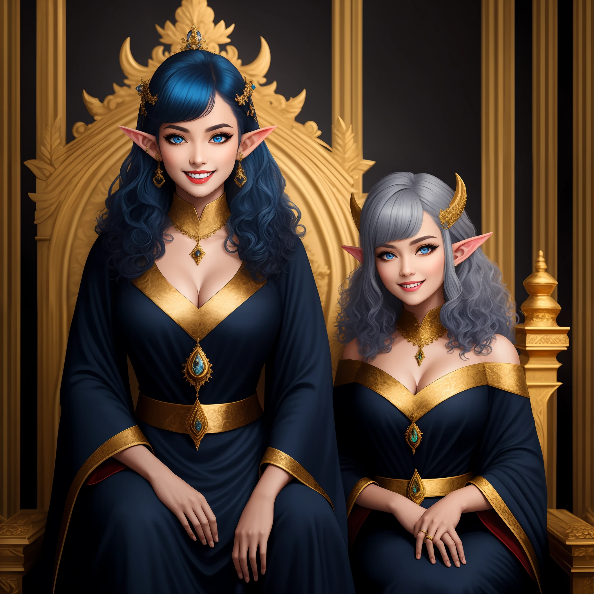 Alien woman, beautiful, large breasts, perfect body, dark grey skin, blue hair, curly hair, gold jewelry, elf ears, black sclera blue iris eyes, regal royal robes, sitting on throne, portrait pose, smiling, sharp teeth