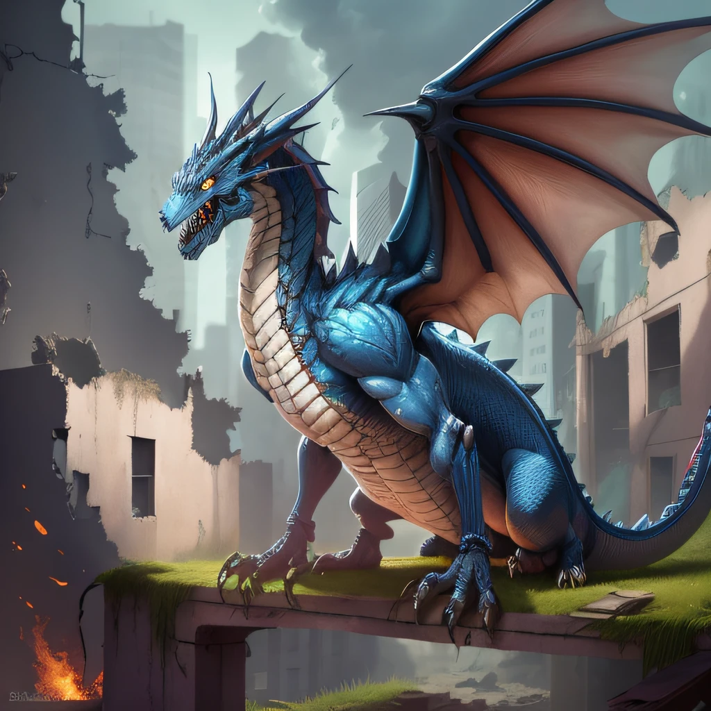 Hell Blue Dragon Warrior, Dilapidated buildings, disdain, High detail, god light, Anatomically correct,Large volume