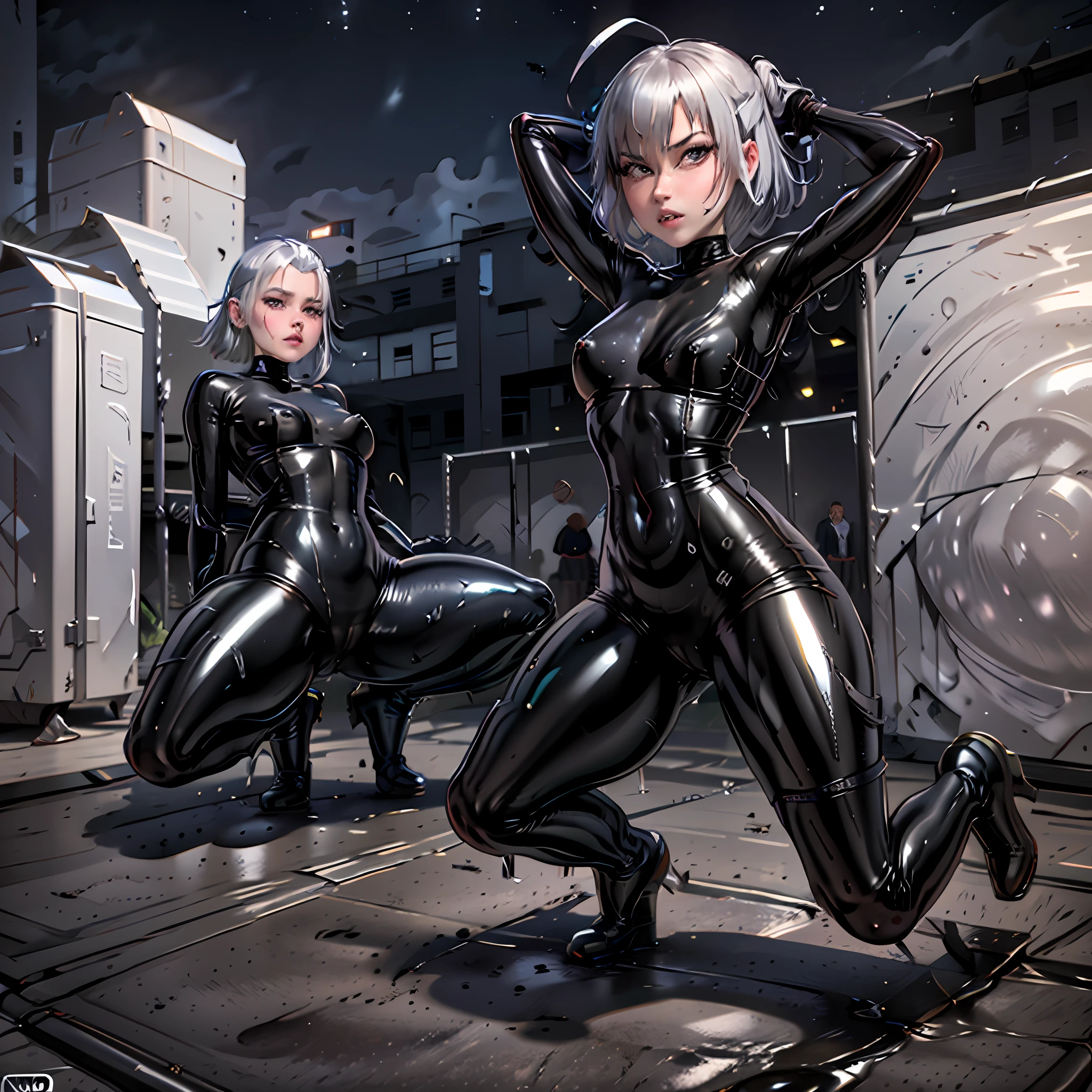Beautiful girl wears a tight latex suit to cover her whole body,,Flowing silver hair,Straight ,Glowing skin,captivating curves, mid pelvis ,spread their legs, Arms behind your head, staring at the audience, Body front to the audience,The crotch is hard stuck, squatting on the ground, The crotch opens from side to side, The crotch is open for the audience,Vivid and realistic body details, (puffyni),,( Open legs, camel-toe,, Vulvar shape:1.2)Knee-length boots with stitch heels,NSFW