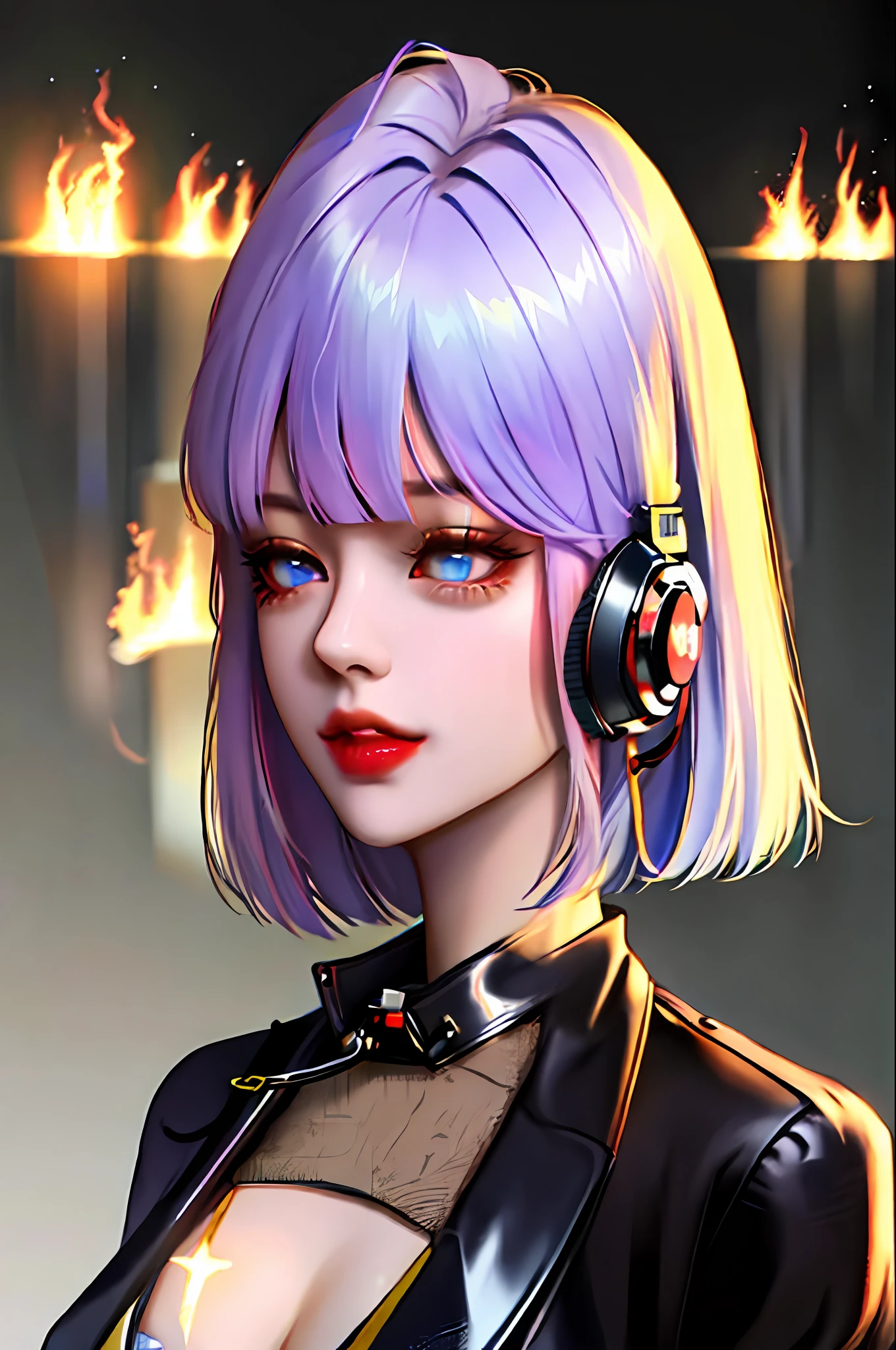 1girl, By bangs, whaite hair, eBlue eyes, fashi-girl, bob cut, short detailed hair, cleavage, 鎖骨, Open the coat, mechs, cyber punk perssonage, neonlight, huge tit, A MILF, Glows skin, rainwater, water dripping, badass,Cleavage is seductive,Redlip,side looking,Keep one's mouth shut,Earphone,电影灯光,carismatic,Raised sexy