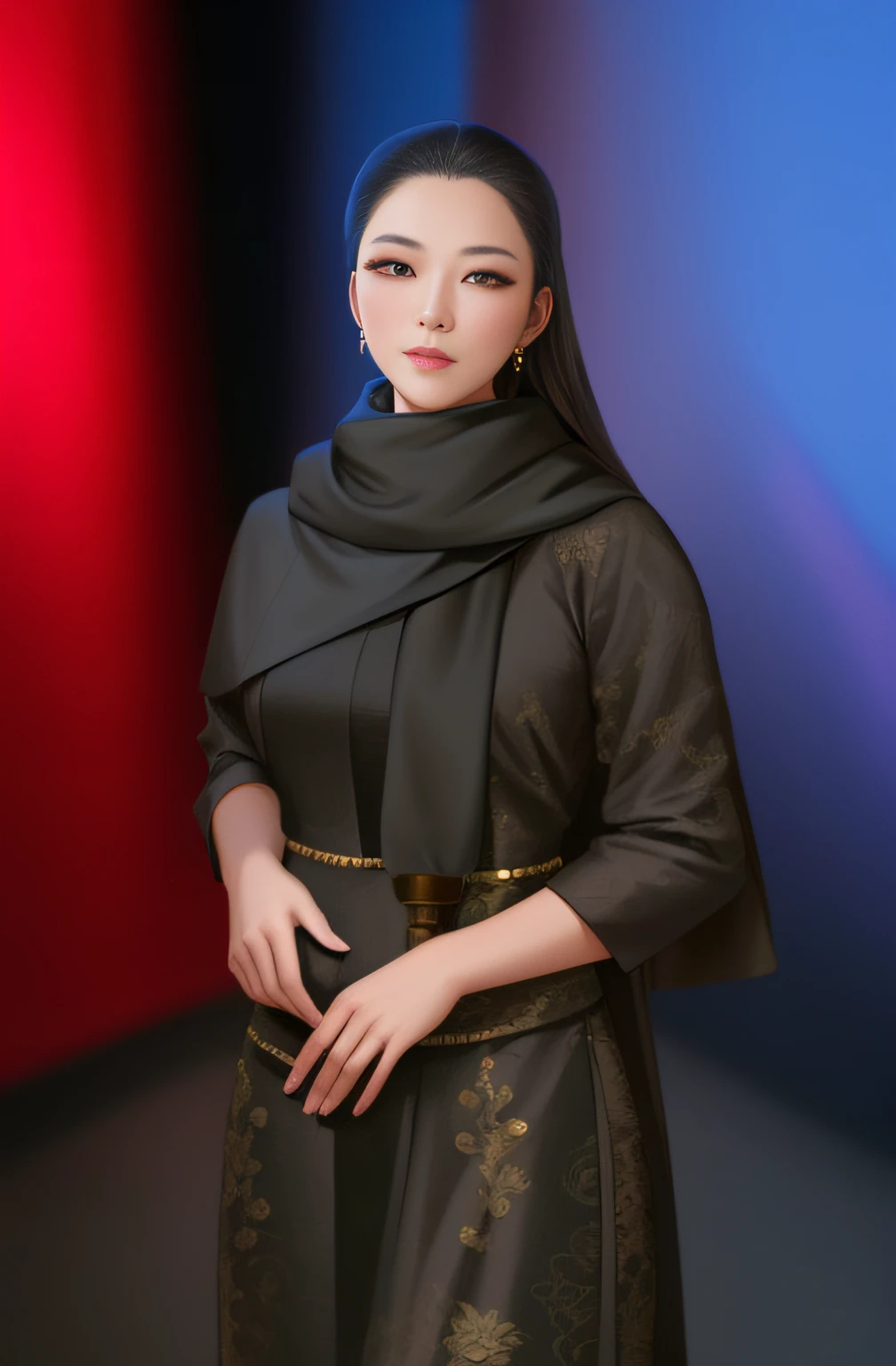 arafed woman in a black dress and a black scarf, promotional portrait, a young woman as genghis khan, inspired by Li Di, full body portrait shot, ayamin kojima, portrait photo of a backdrop, portrait of christy ren, mid portrait, louise zhang, mid shot portrait, inspired by Lü Ji, catalog photo, inspired by Shin Yun-bok