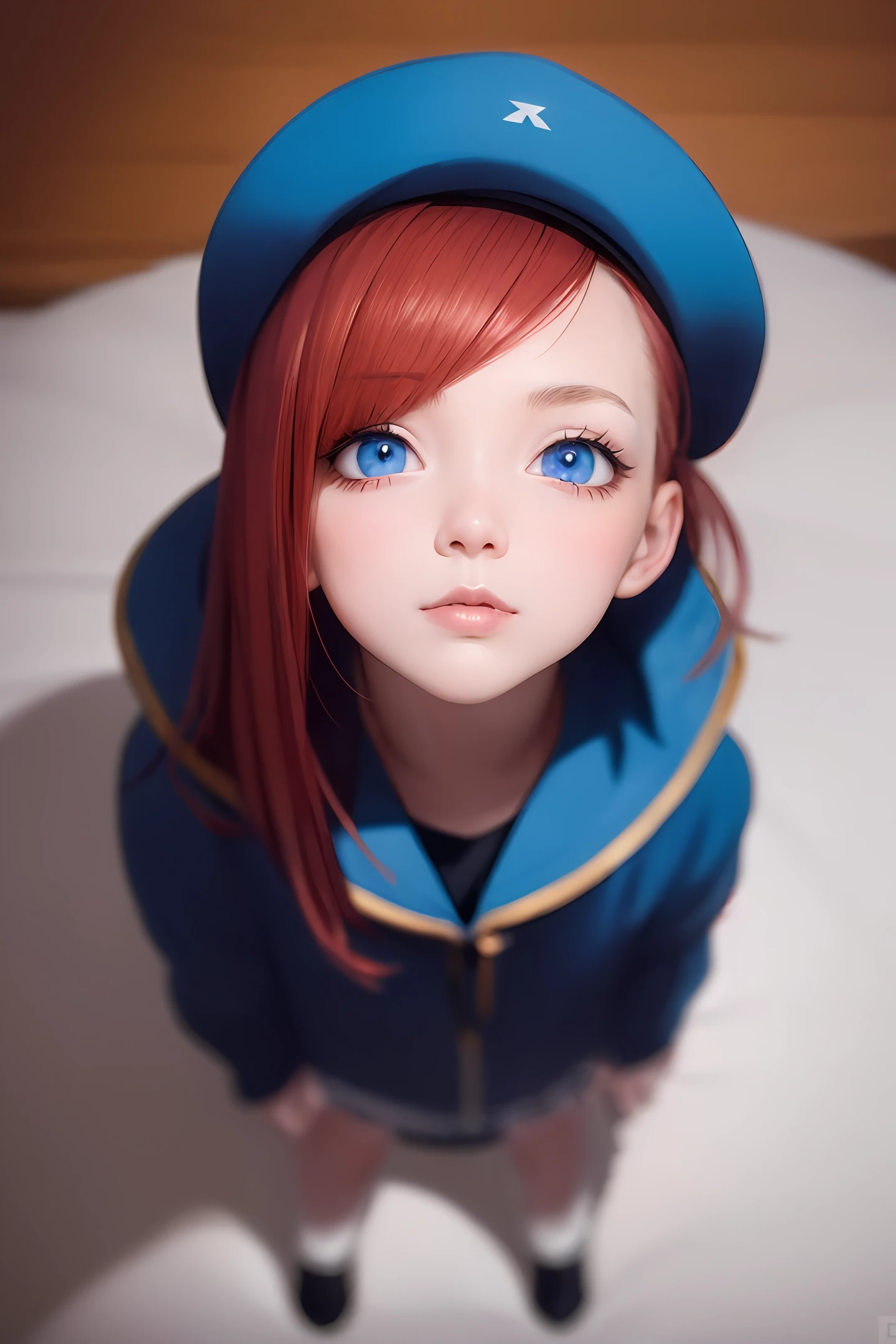 tmasterpiece，redheadwear，blueneyes，head looking up