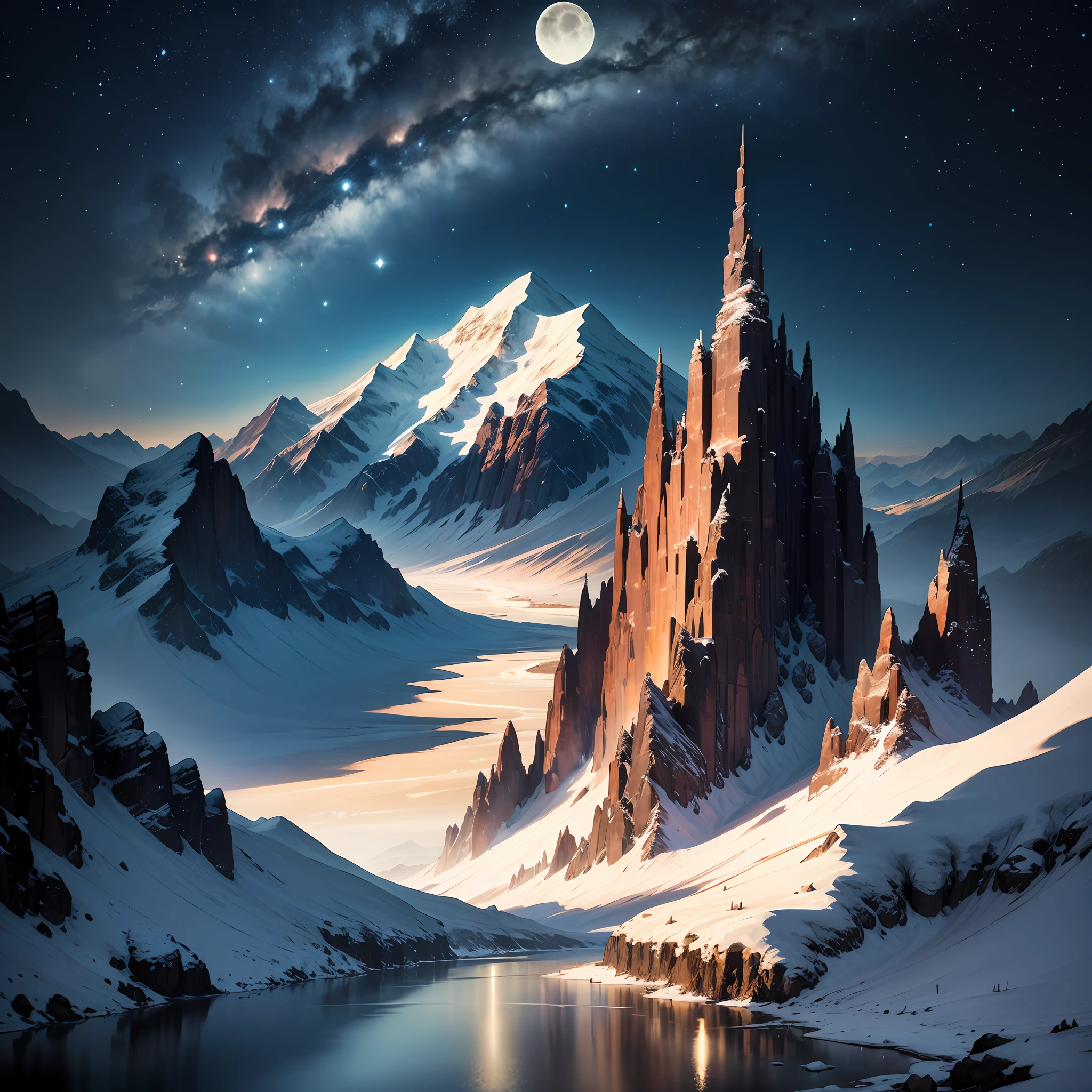 Starry sky, moon, mountain peak, river, man --auto