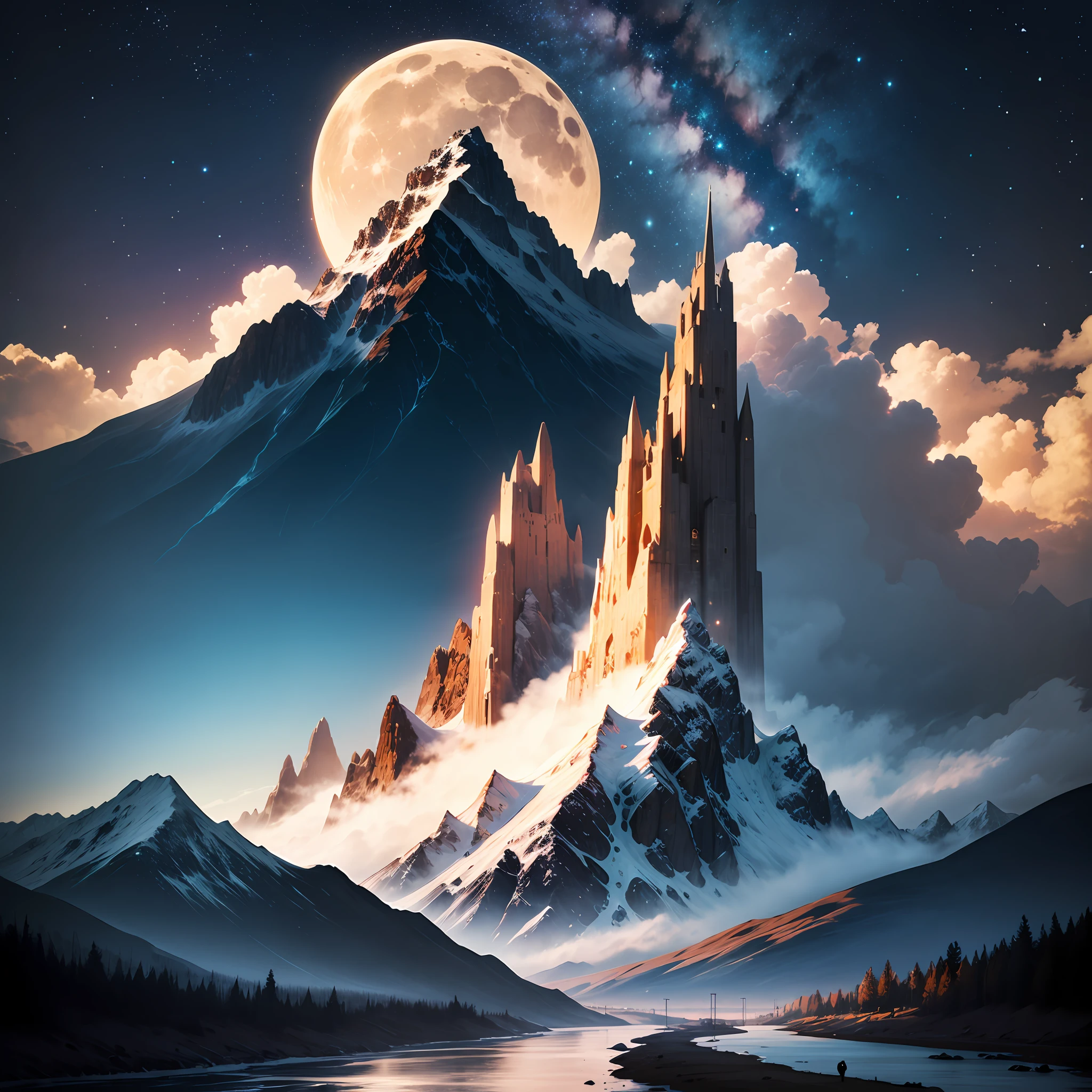 Starry sky, moon, mountain peak, river, man --auto