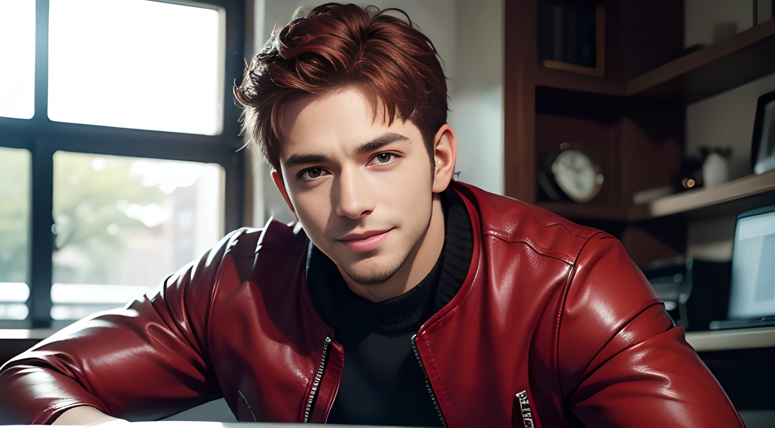 handsome young man in his 30's, mischievous smile, Chris Redfield, red hair,