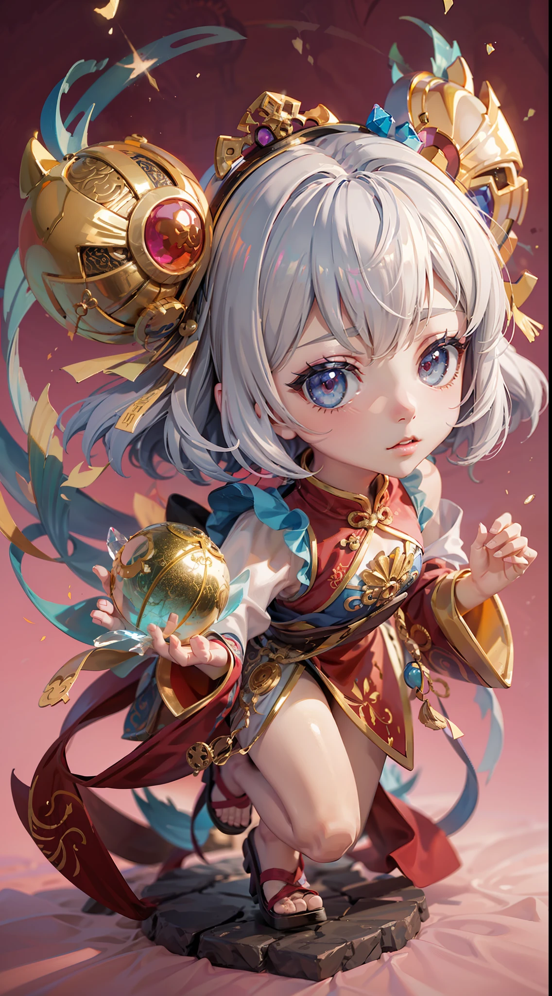 Q version of cute beautiful girl,Dumb cute,Dance,(Big eyes),Small mouth,cabelos preto e longos,a ball head,looking at me,(Chinese-style clothing,Meticulous portrayal),Palm dancer Zhao Feiyan,A small pet,Figures,blindbox,((Colloidal material,crystal-clear,Good light transmission)),(Disney style),high qulity,high detal,(super-fine),16K resolution,(Macro lens),((Works of masters)),((Full body like)),(with a simple background,monotone),pink lighting,(Thick base,Graphical model basics),(Ray traching),(In pink, White and silver predominate)