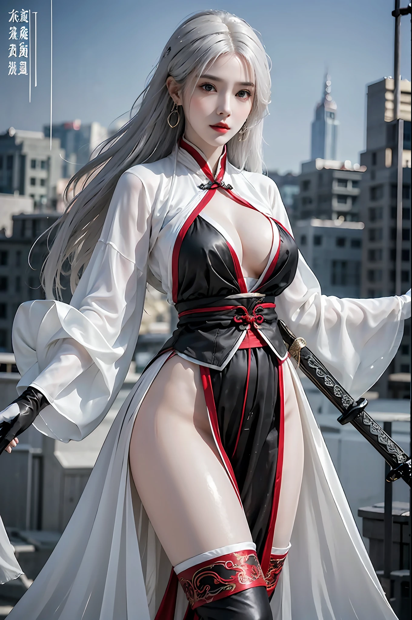 photorealistic, high resolution, 1 girl, hips up, white hair, beautiful eyes, sword, jewelry, earrings, black_hair, breasts, solo, gloves, holding_weapon, holding_sword, medium_breasts, chinese clothes, hanfu
