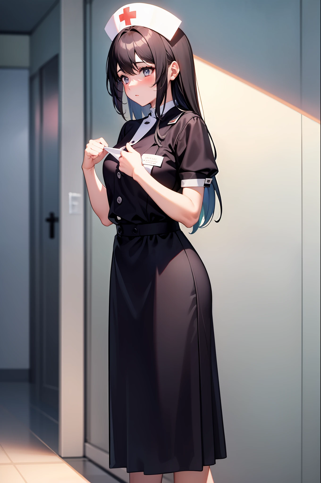 1girl, clothes tug, nurse,
infirmary,, masterpiece, best quality, highly detailed