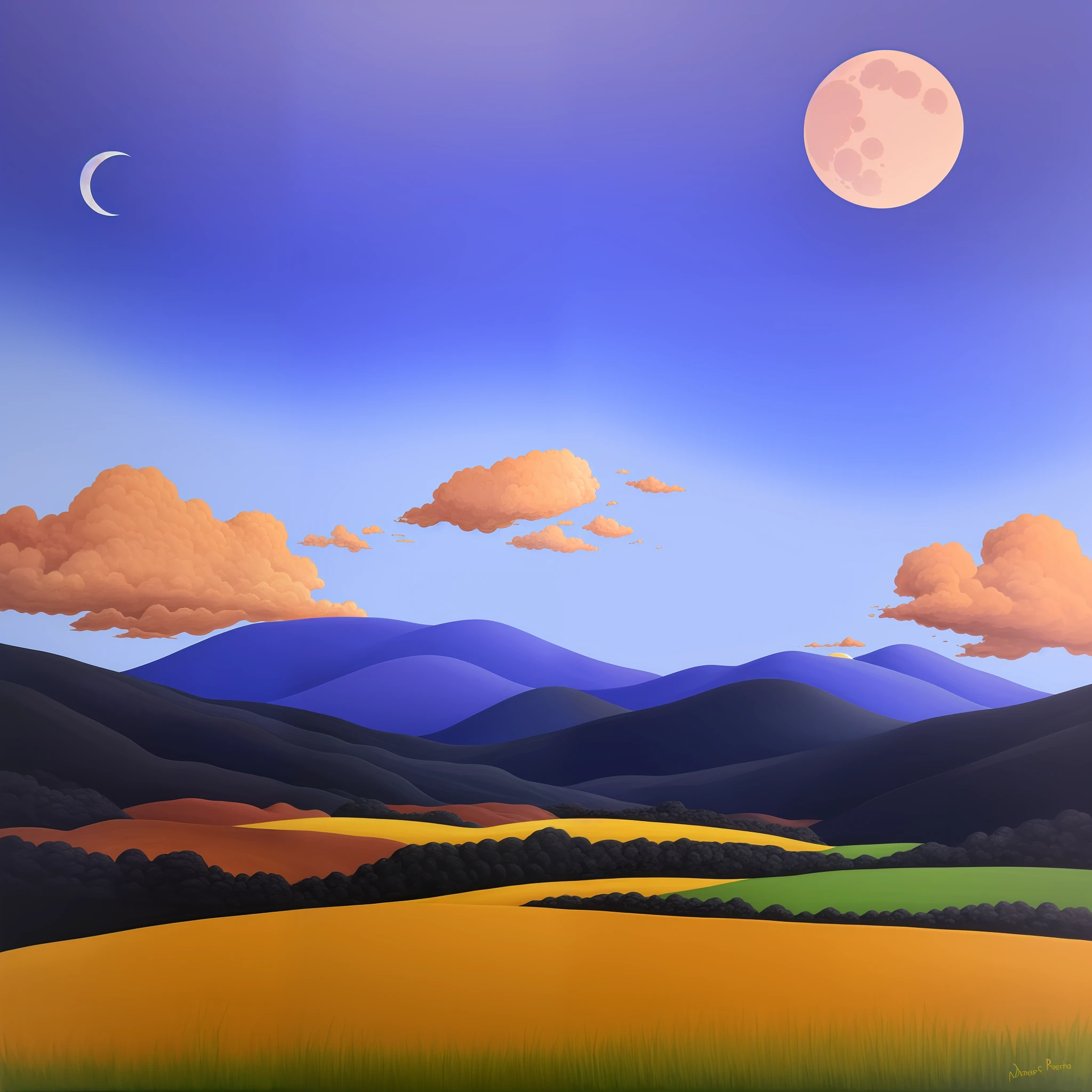 Landscape painting based on dark purple，The upper half is the moon，The sky is blue and scarlet