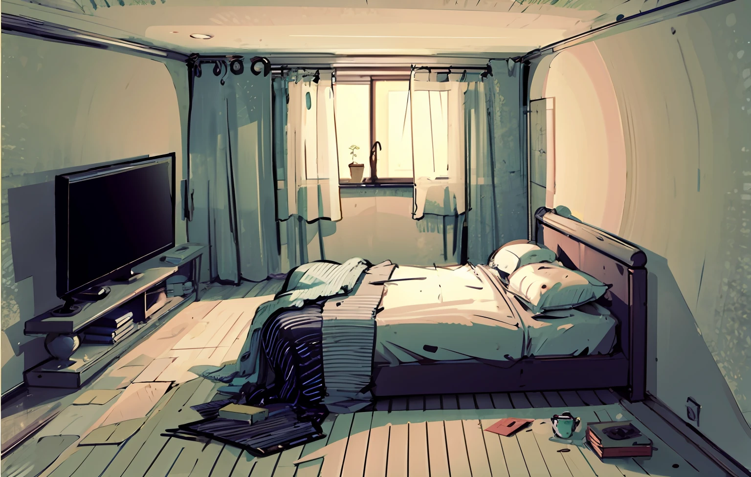 a drawing of a room with a bed, a chair, TV sets and factories, In a room, Have in the living room, Minimalist line drawing, apartment of an art student, sparse room, room interior, interior of a small room, minimalistic drawing, sketched 4k, in style of simplified realism, Line sketch, loundraw, Sketch - up