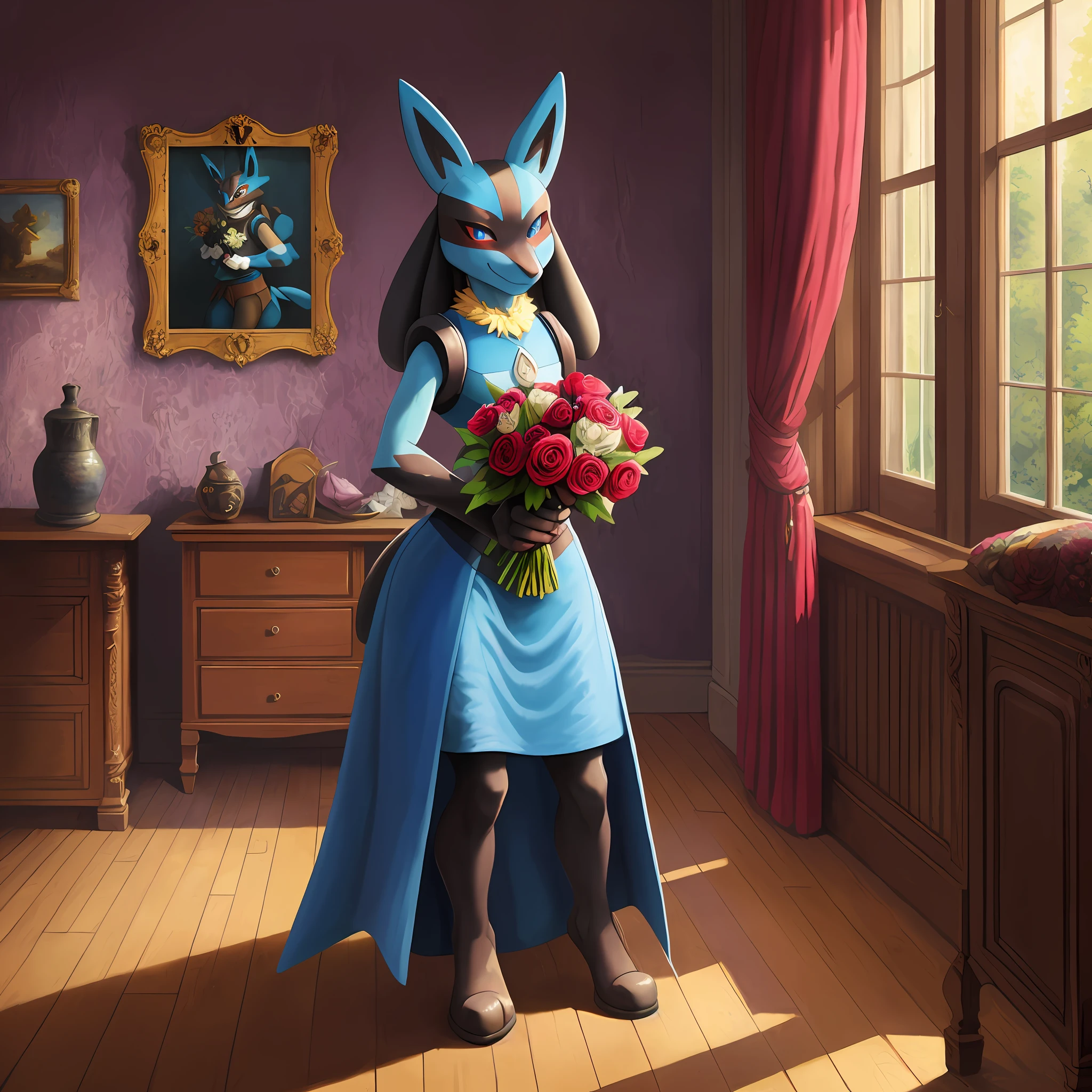 top quality, high-quality illustrations by Vermeer((masterpiece))absurdres, Perfect Anatomy, Lucario, holding a bouquet, shyly offers it in a room illuminated by the light streaming through the window, with a bashful smile, full body,((dramatic))epic,