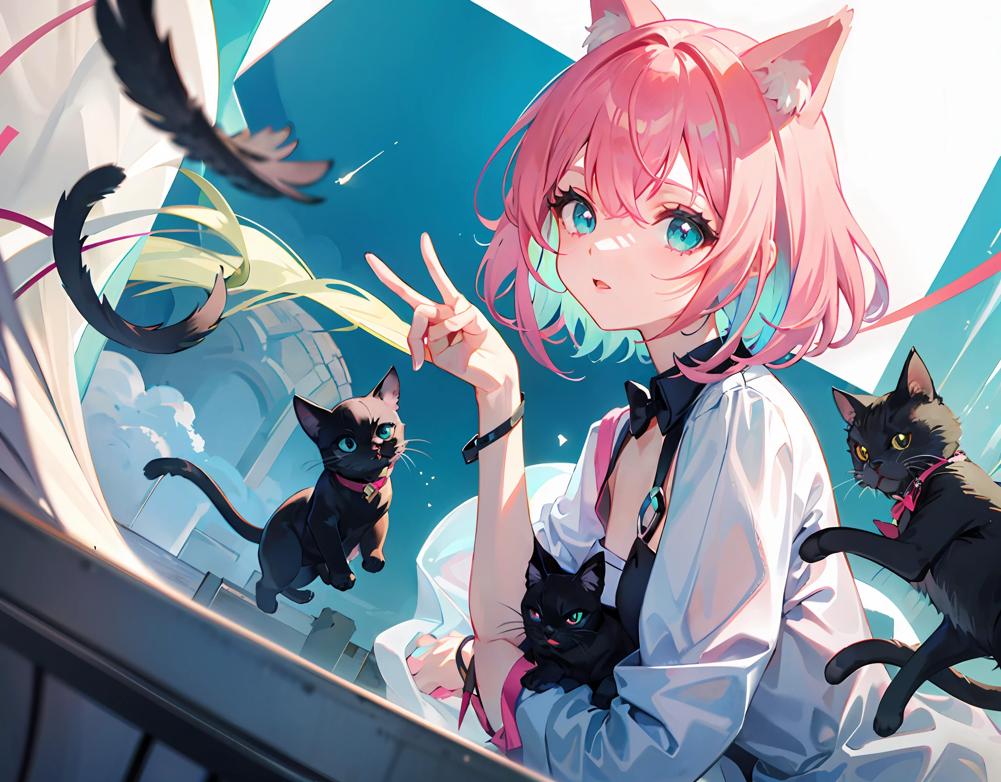 Pink-haired girl with black cat ears,short detailed hair,with long bangs,cyan eyes