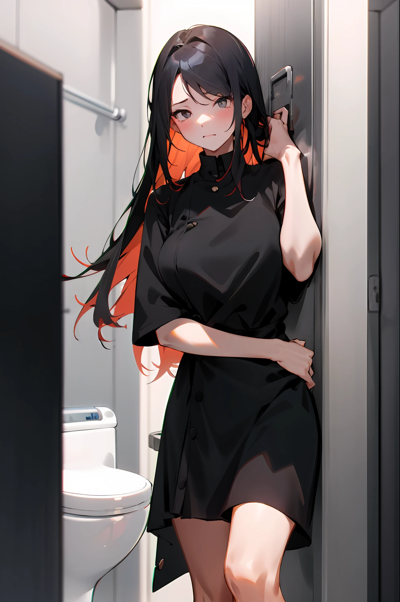 1 girl with long hair and dress，1 girl is taking to lavatory，looks away，are standing，embarressed，Be red in the face，Keep one's mouth shut，street corner（girl is peeing self：0.4），huge tit，The kinky is exposed